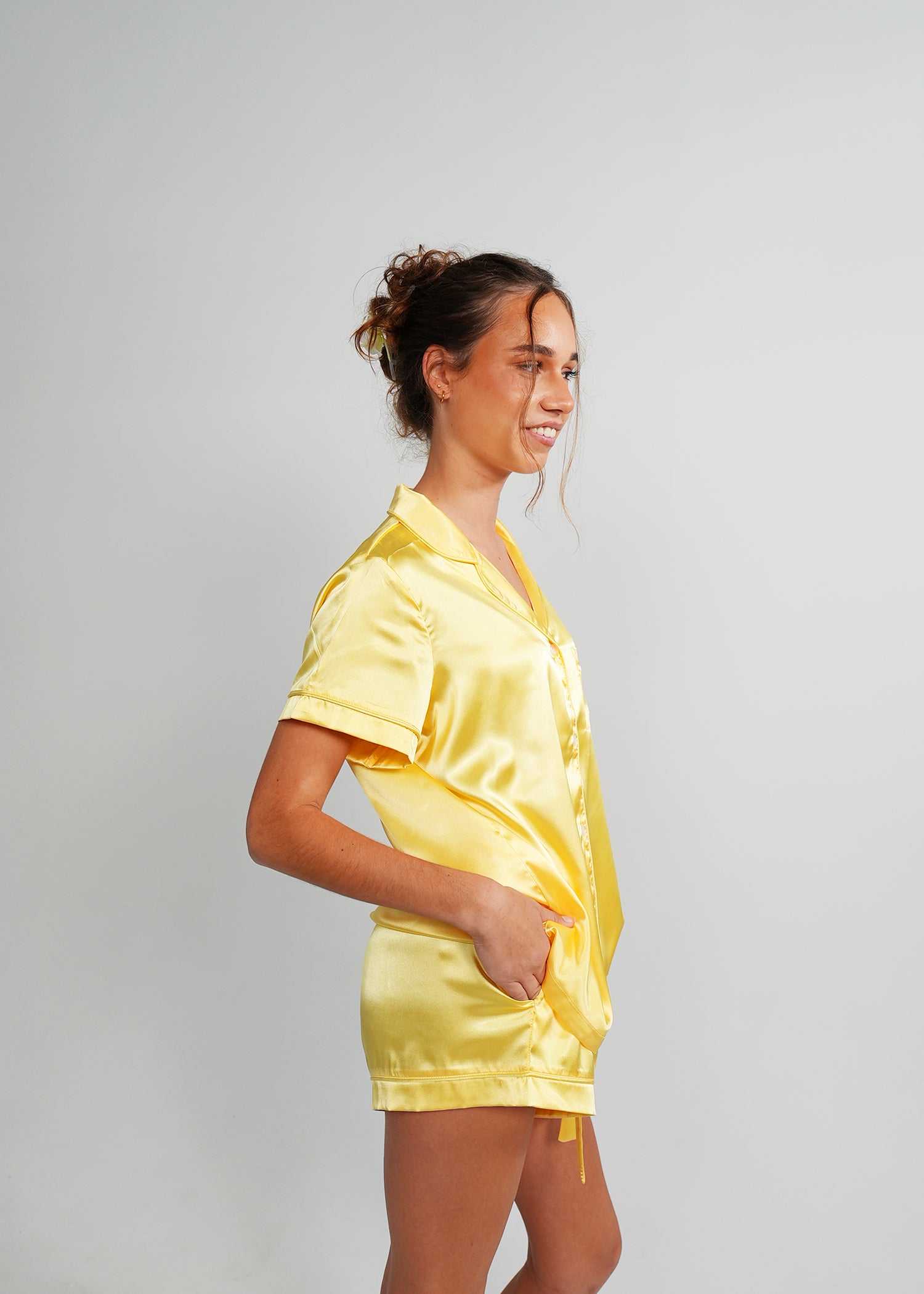 Night Sweet Thing Womens Lemon Yellow Satin Short Pyjama Set