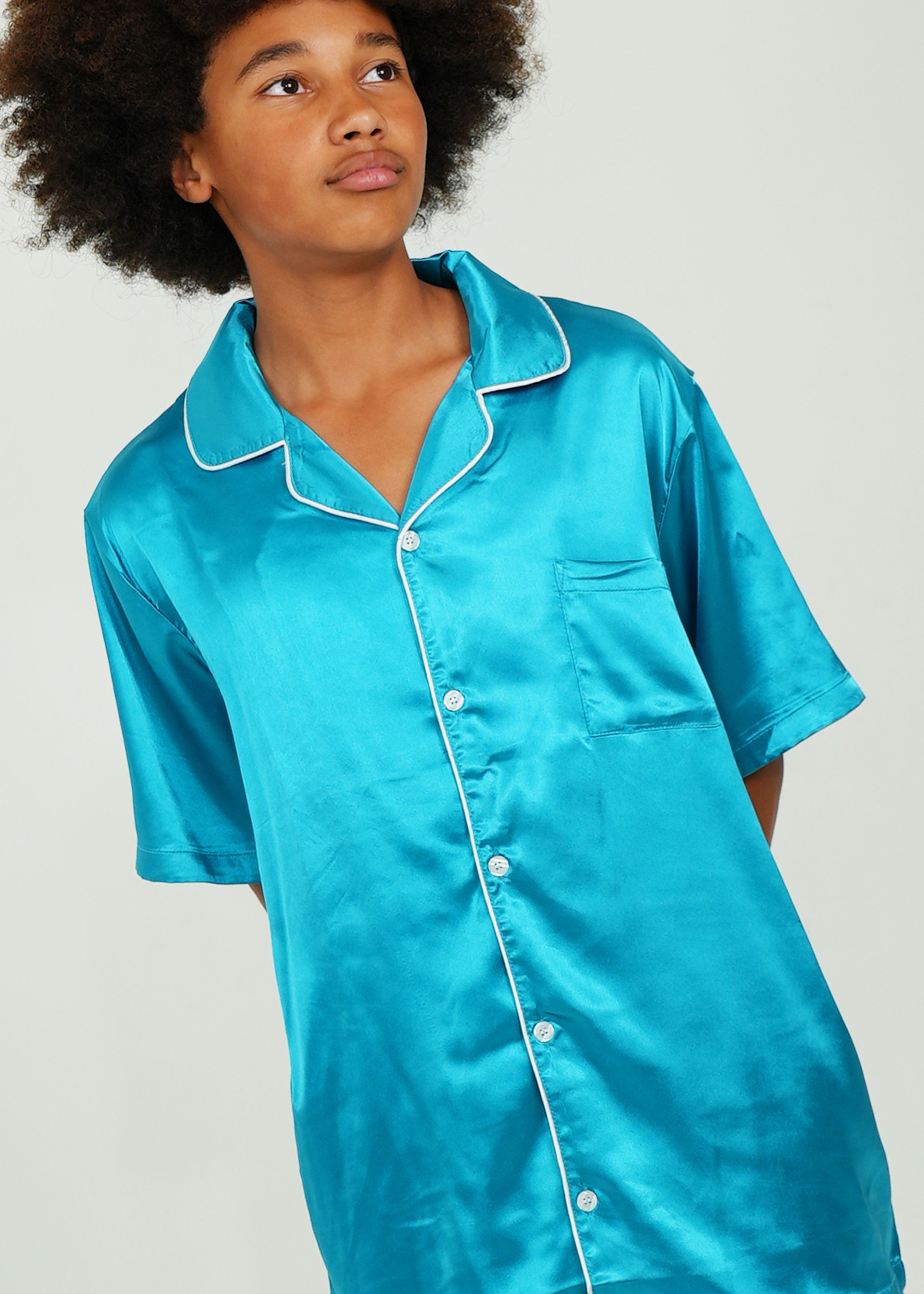 Night Sweet Thing Mens Turquoise Satin Short Pyjama Set