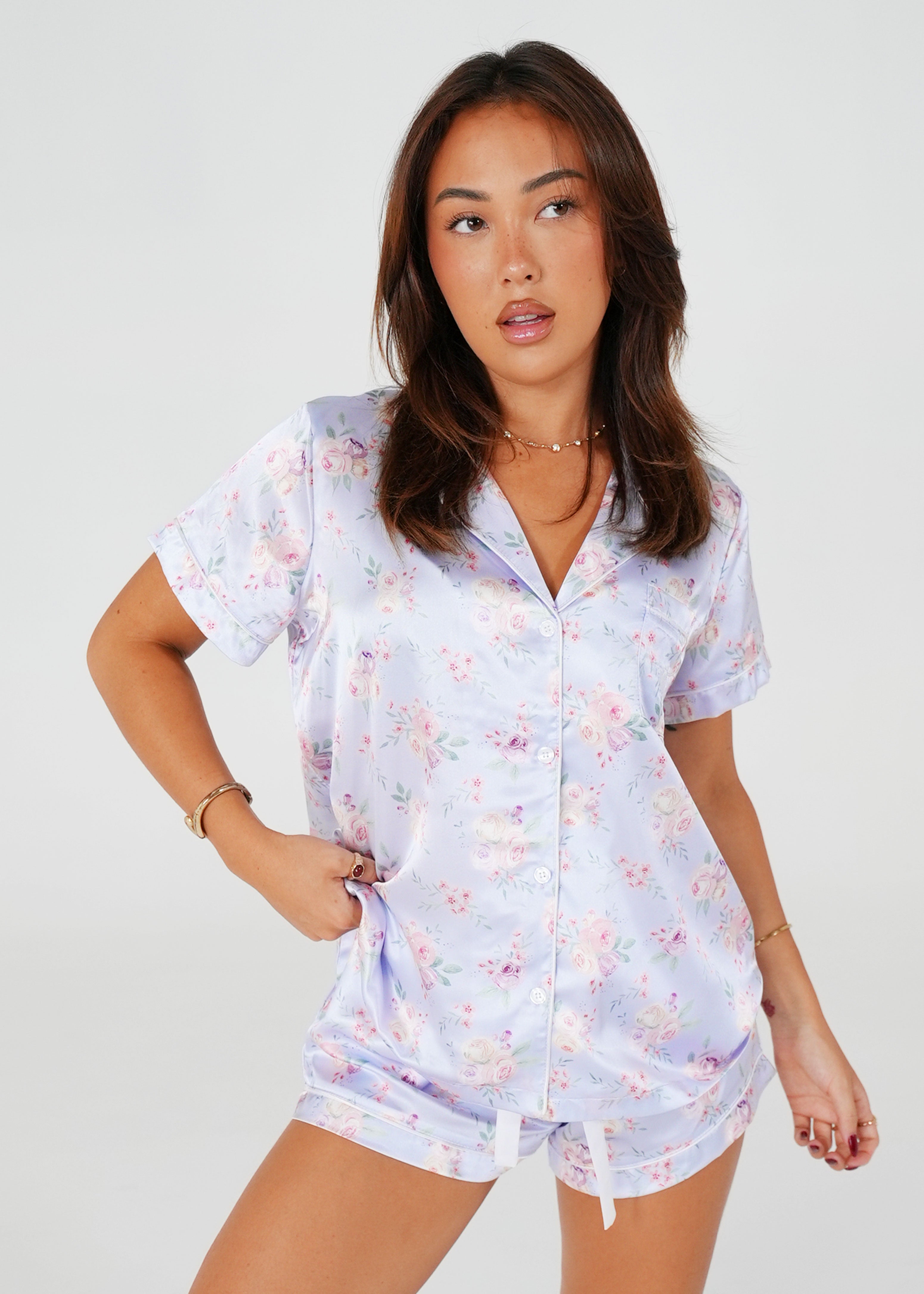 Night Sweet Thing Womens Lilac Blossom Satin Short Pyjama Set