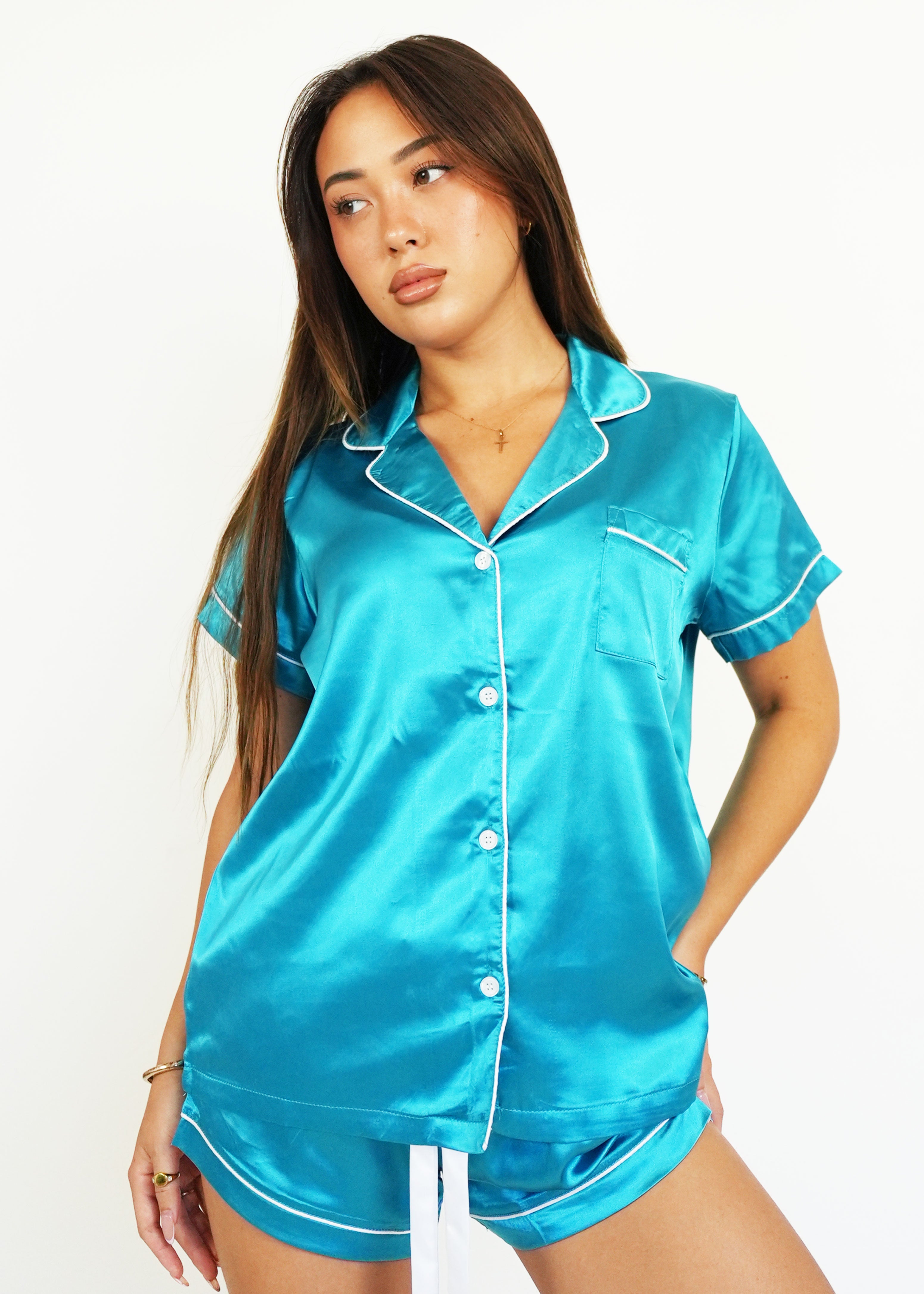 Night Sweet Thing Womens Turquoise Satin Short Pyjama Set