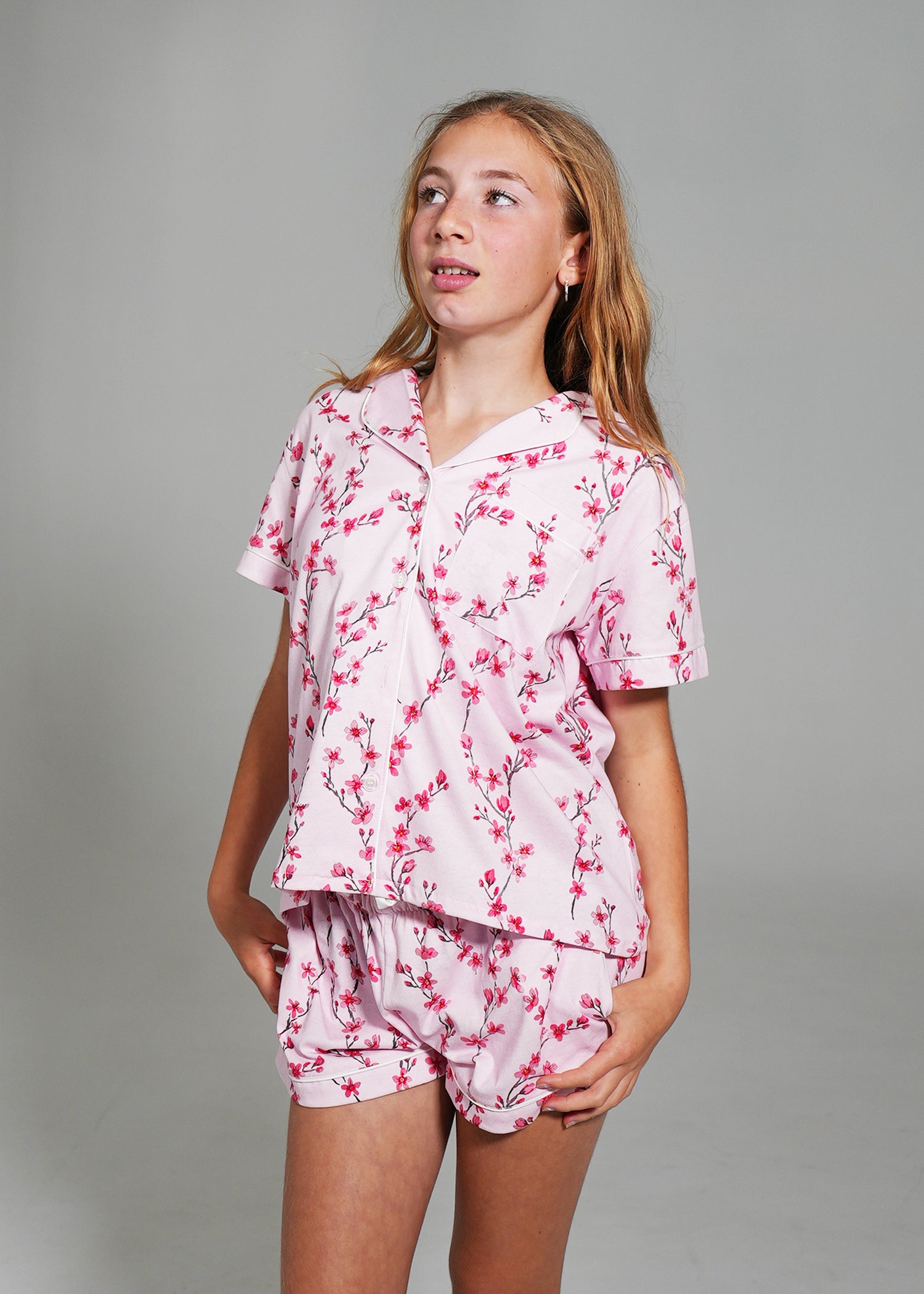 Night Sweet Thing Girls Cherry Blossom Jersey Knit Cotton Short Pyjama Set Kids