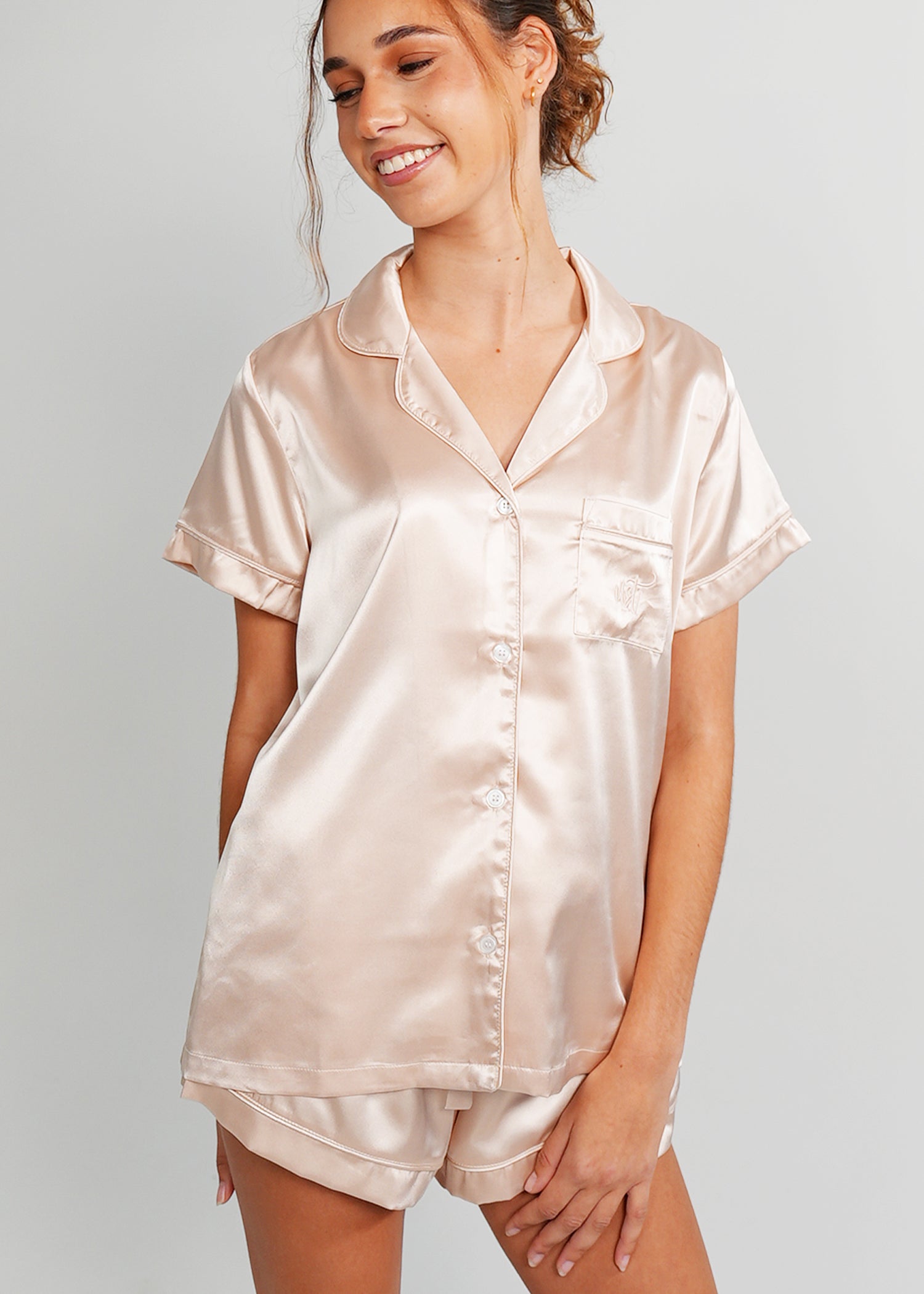 Night Sweet Thing Womens Almond Latte Satin Short Pyjama Set