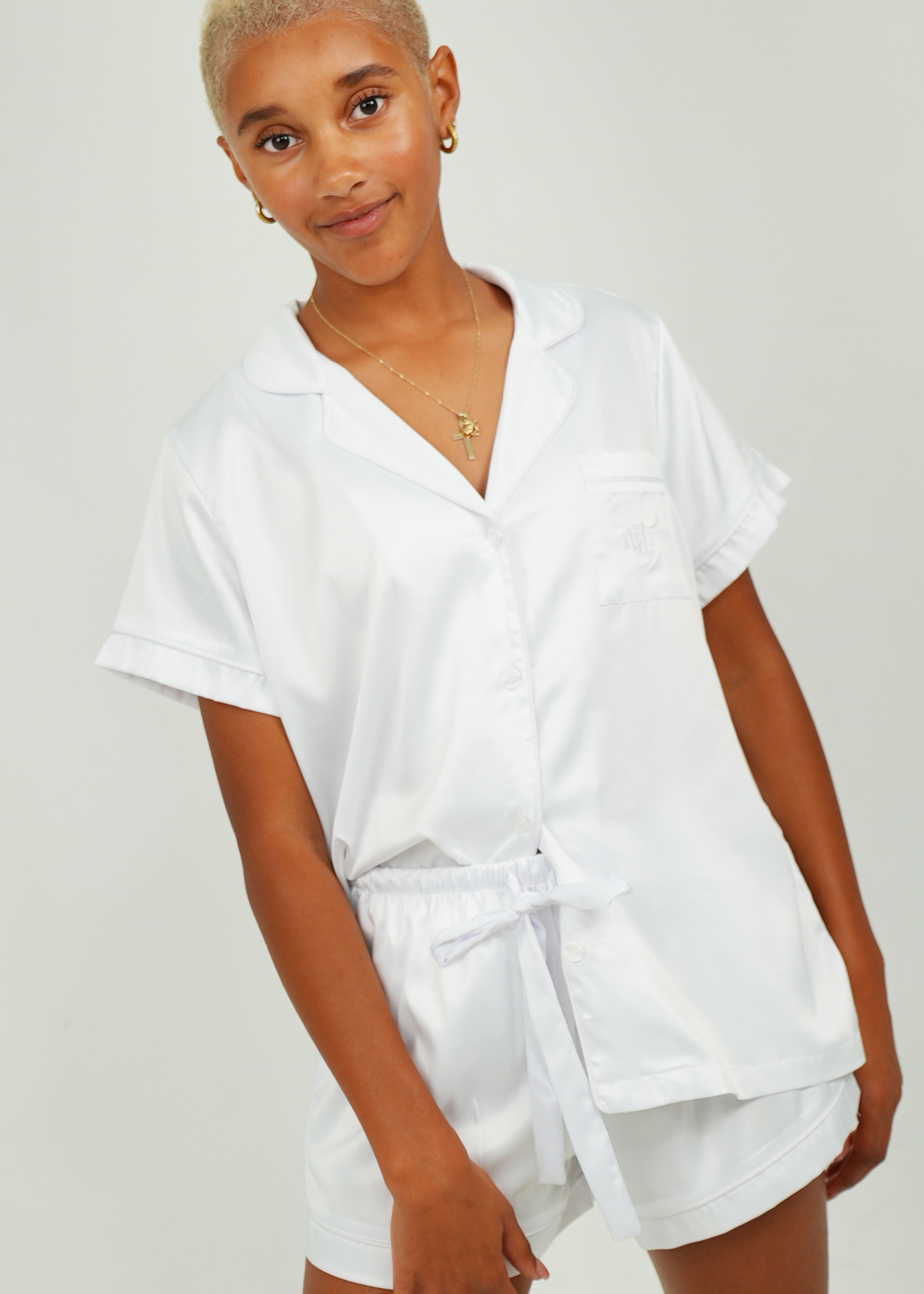 Night Sweet Thing Womens White (With White Piping) Satin Short Pyjama Set