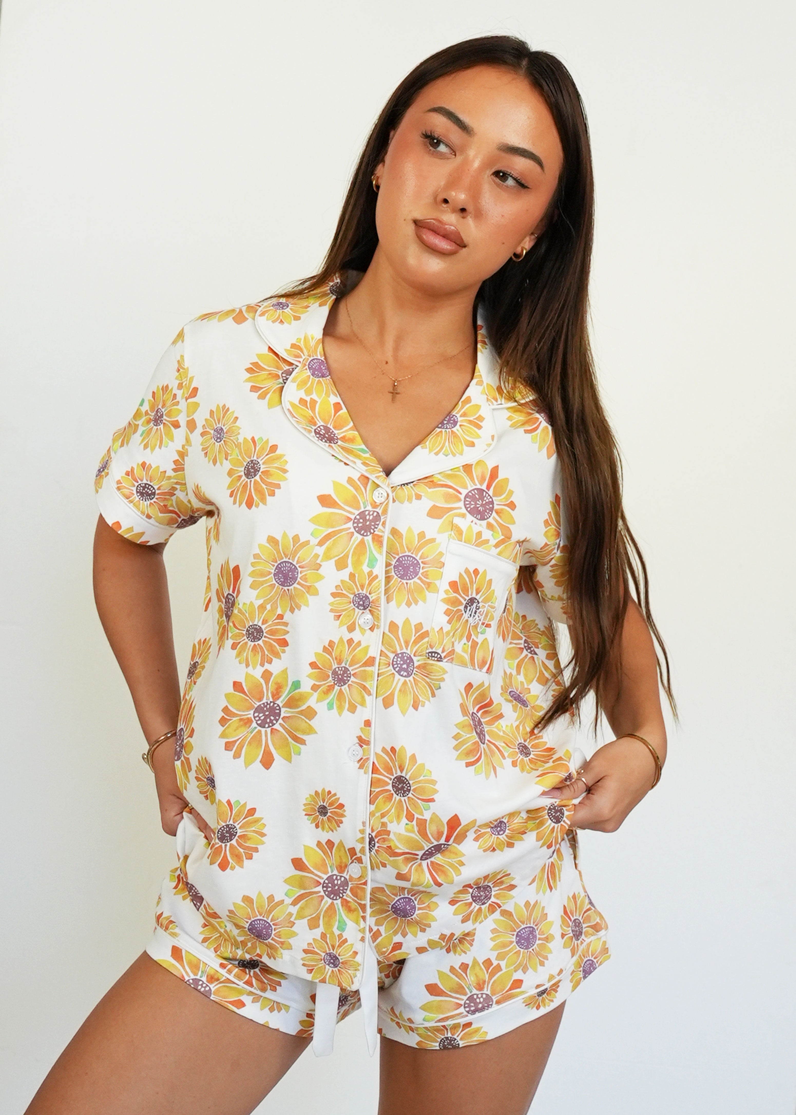 Night Sweet Thing Womens Sunflowers Jersey Knit Cotton Short Pyjama Set