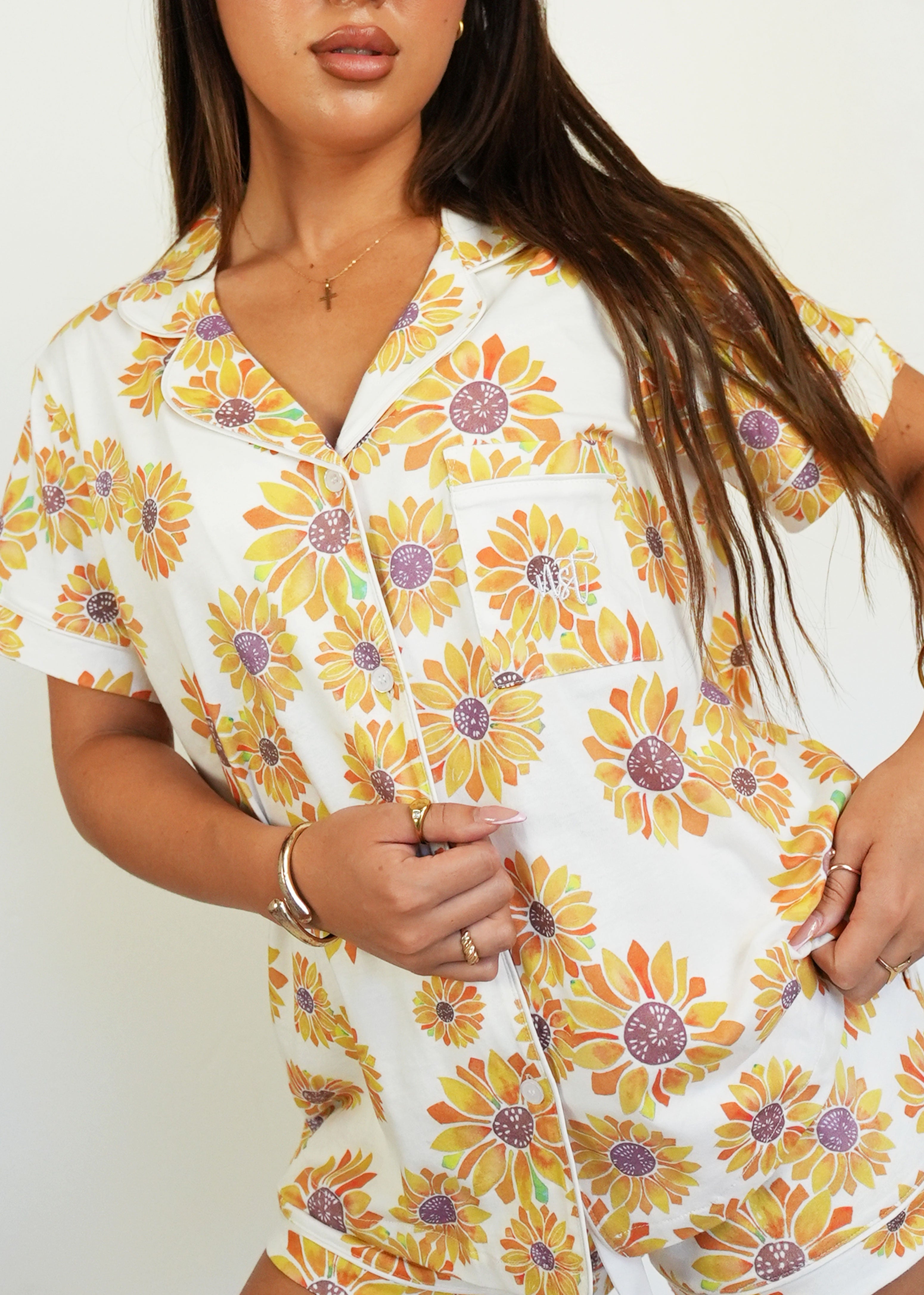 Night Sweet Thing Womens Sunflowers Jersey Knit Cotton Short Pyjama Set