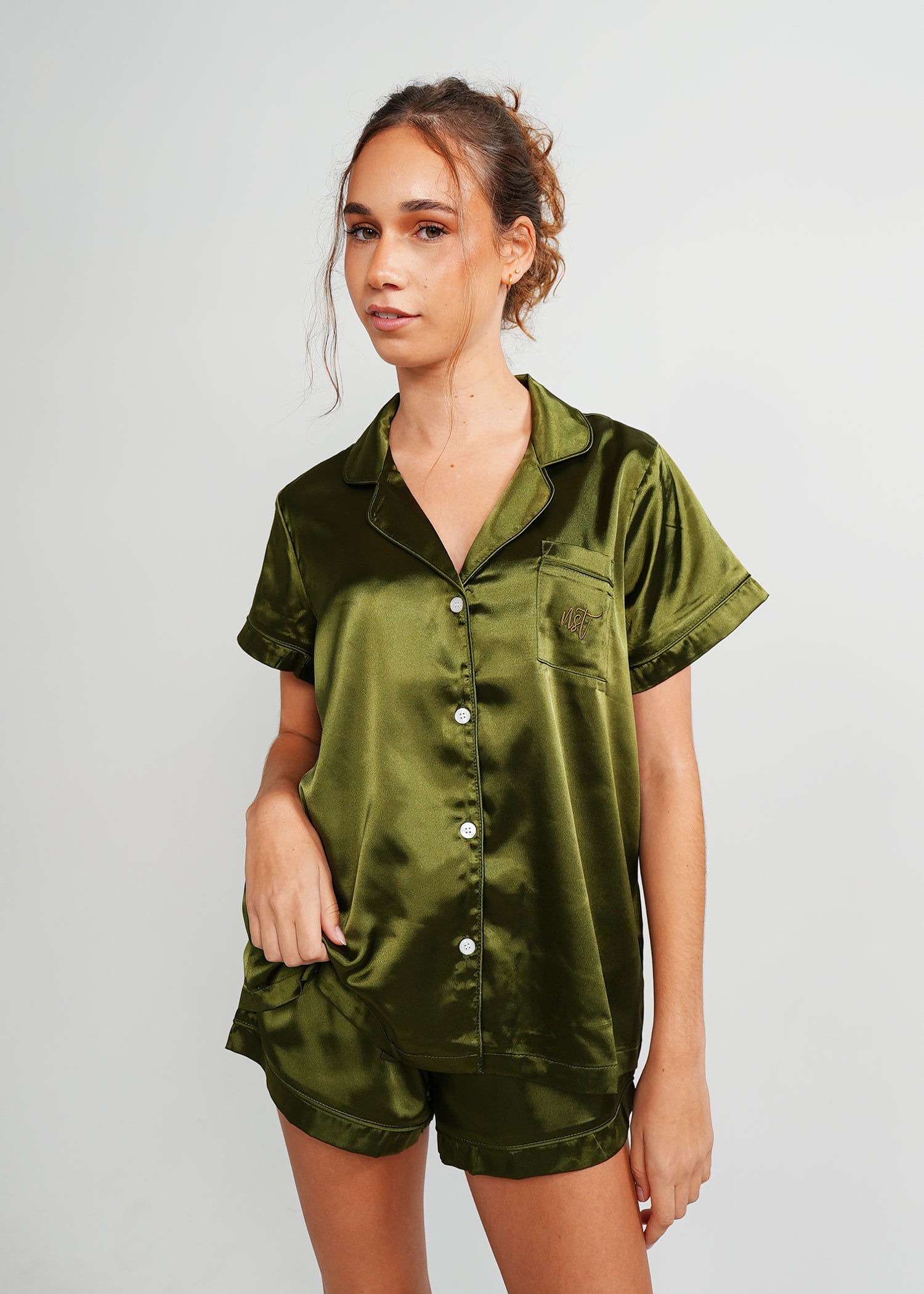 Night Sweet Thing Womens Olive Green Satin Short Pyjama Set