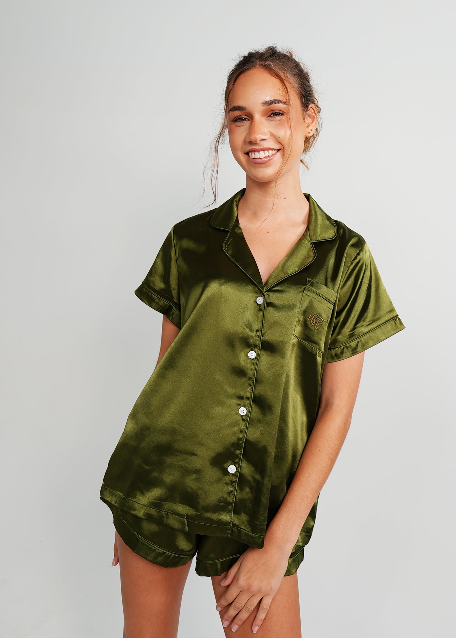 Night Sweet Thing Womens Olive Green Satin Short Pyjama Set