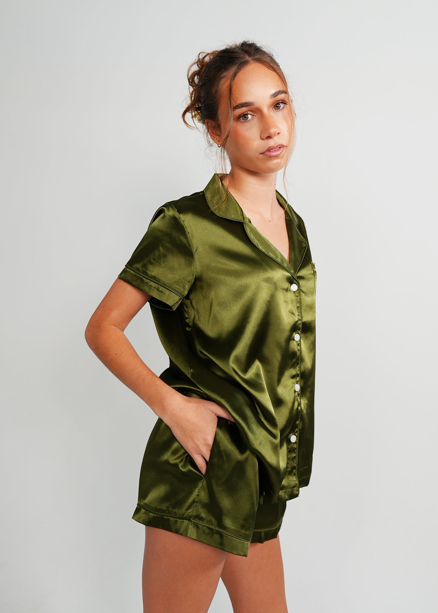 Night Sweet Thing Womens Olive Green Satin Short Pyjama Set