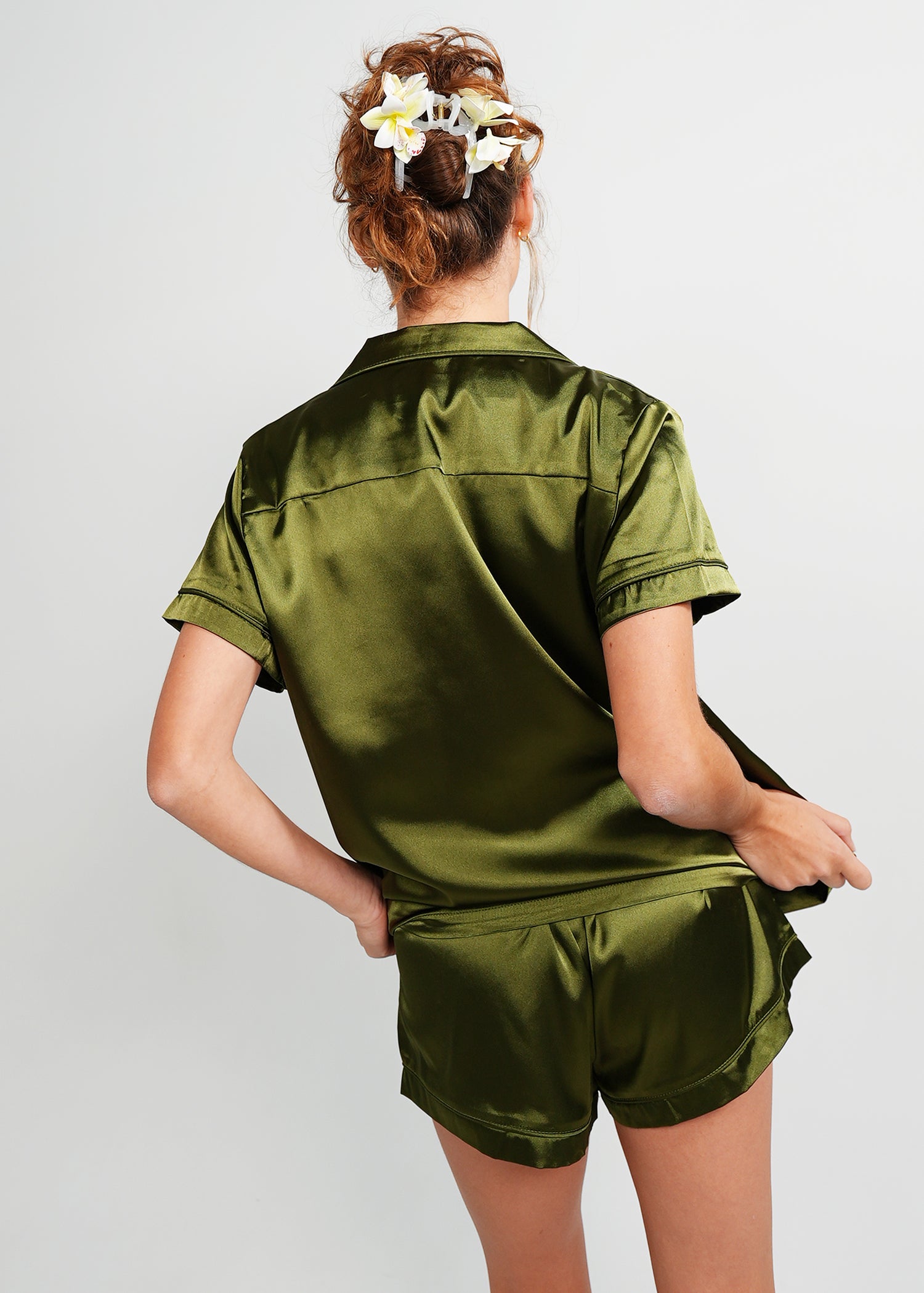 Night Sweet Thing Womens Olive Green Satin Short Pyjama Set