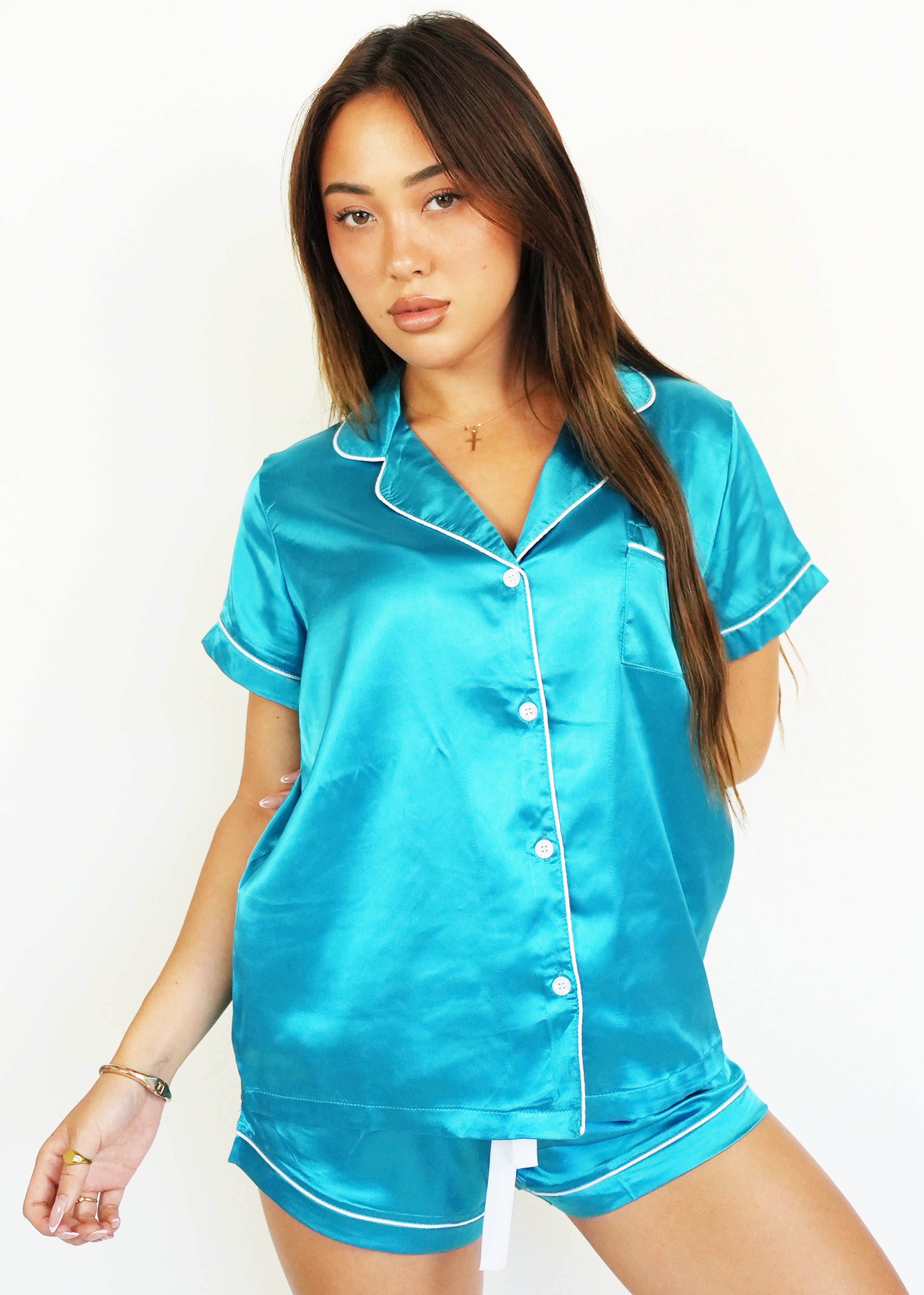 Night Sweet Thing Womens Turquoise Satin Short Pyjama Set