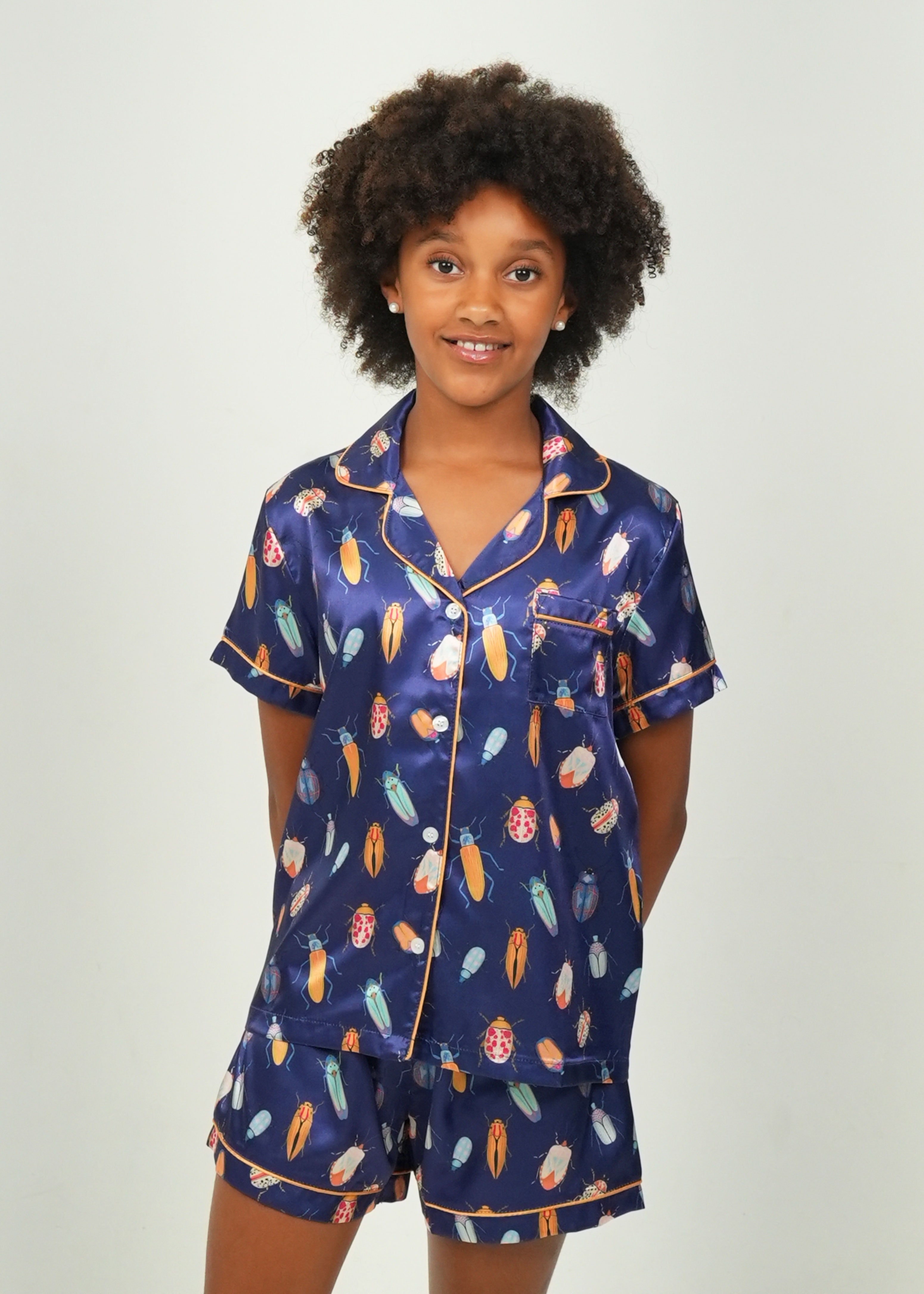Night Sweet Thing Girls Beetles Navy Satin Short Pyjama Set Kids