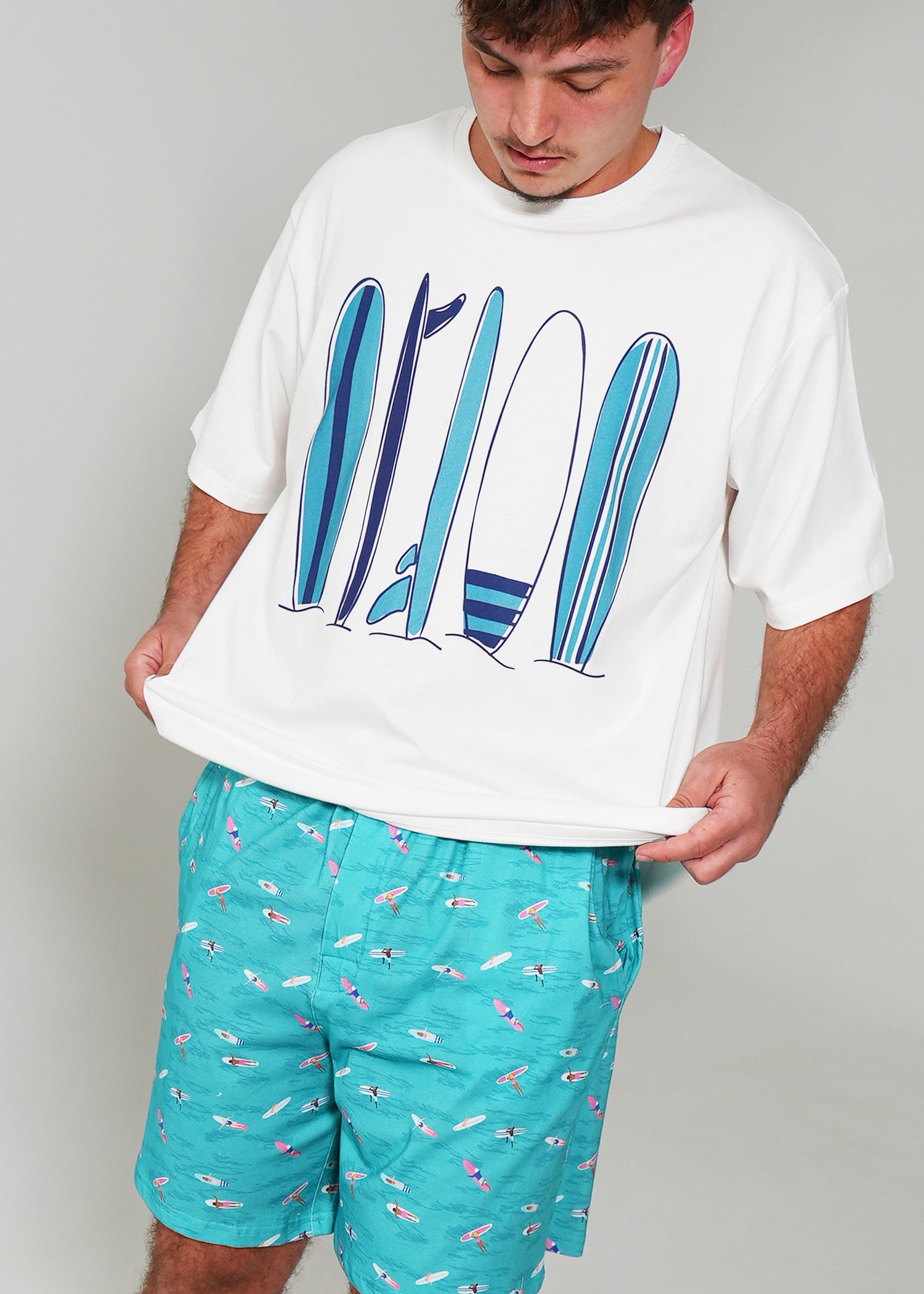 Night Sweet Thing Mens Ocean Drift T-Shirt & Short Pants PJ Set Satin Short Pyjama Set