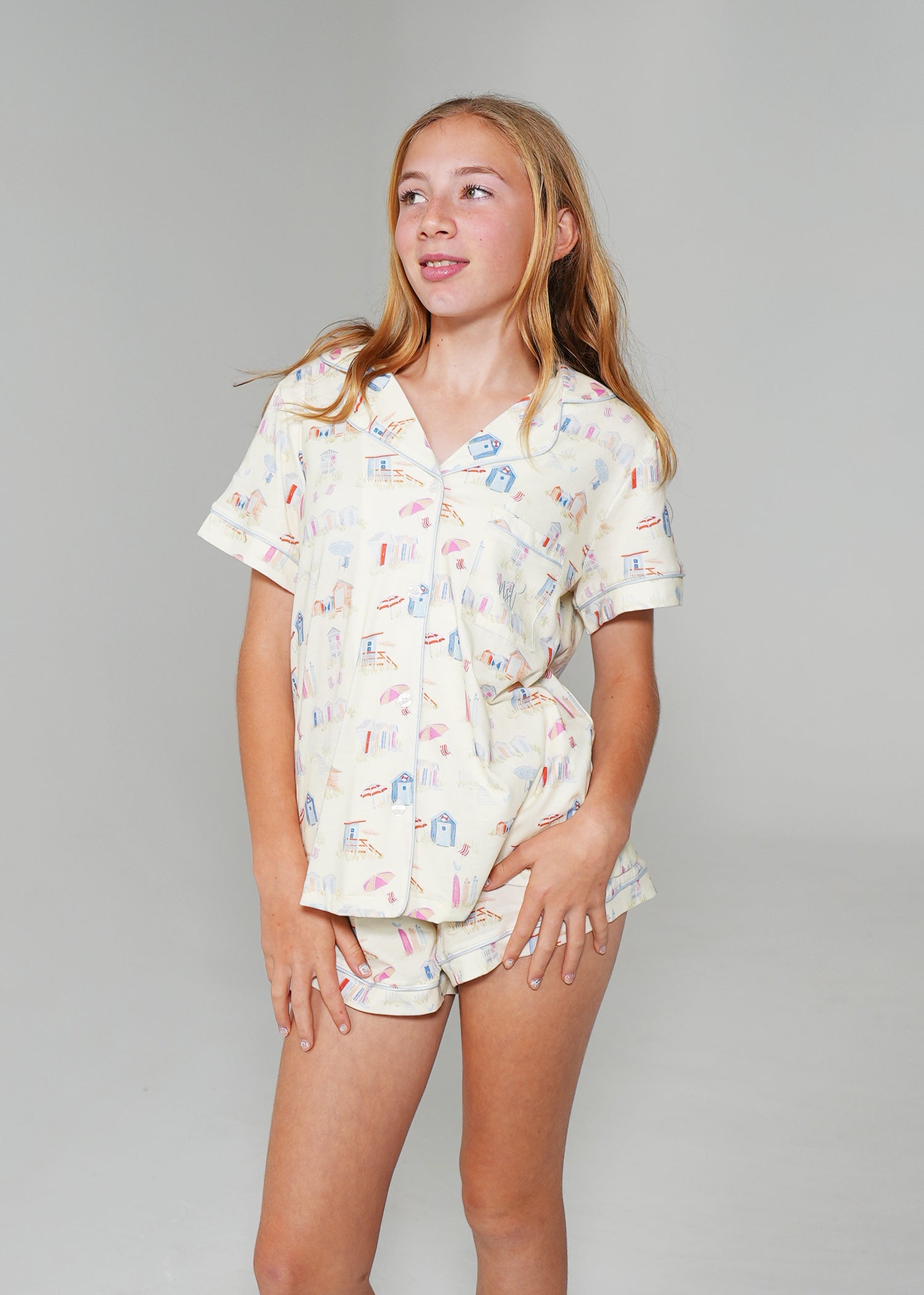 Night Sweet Thing Girls Beach Huts Jersey Knit Cotton Short Pyjama Set Kids