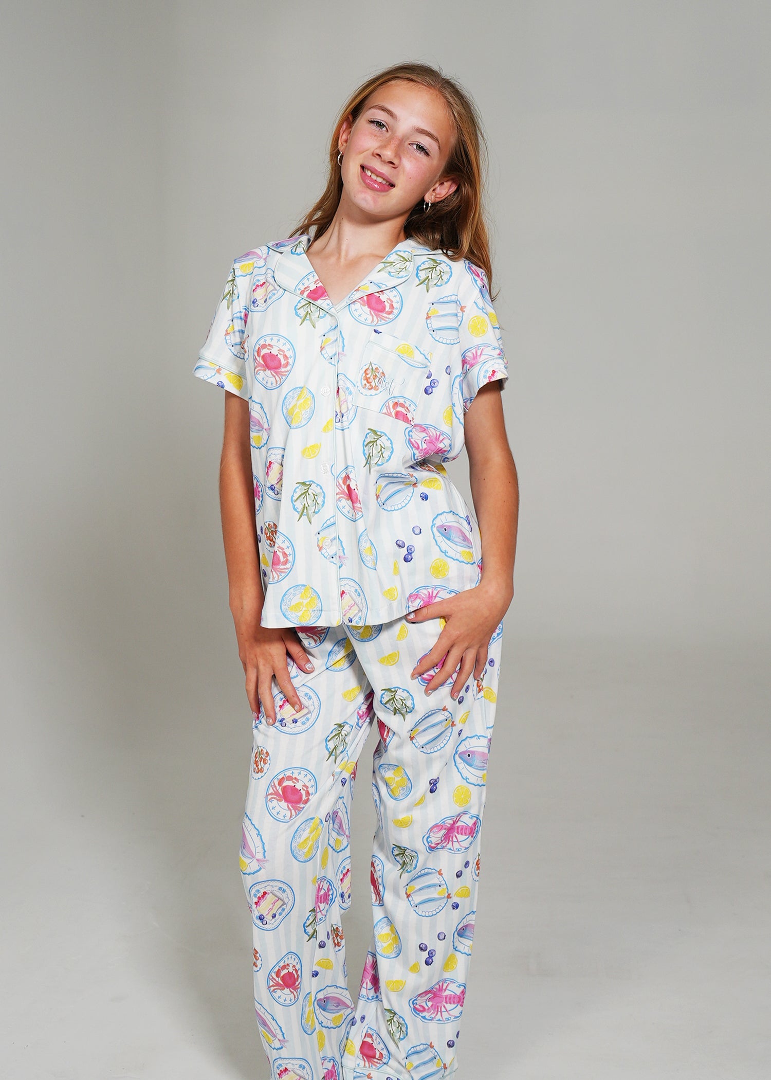 Night Sweet Thing Girls Seaside Picnic Jersey Knit Cotton Long Pyjama Set Kids