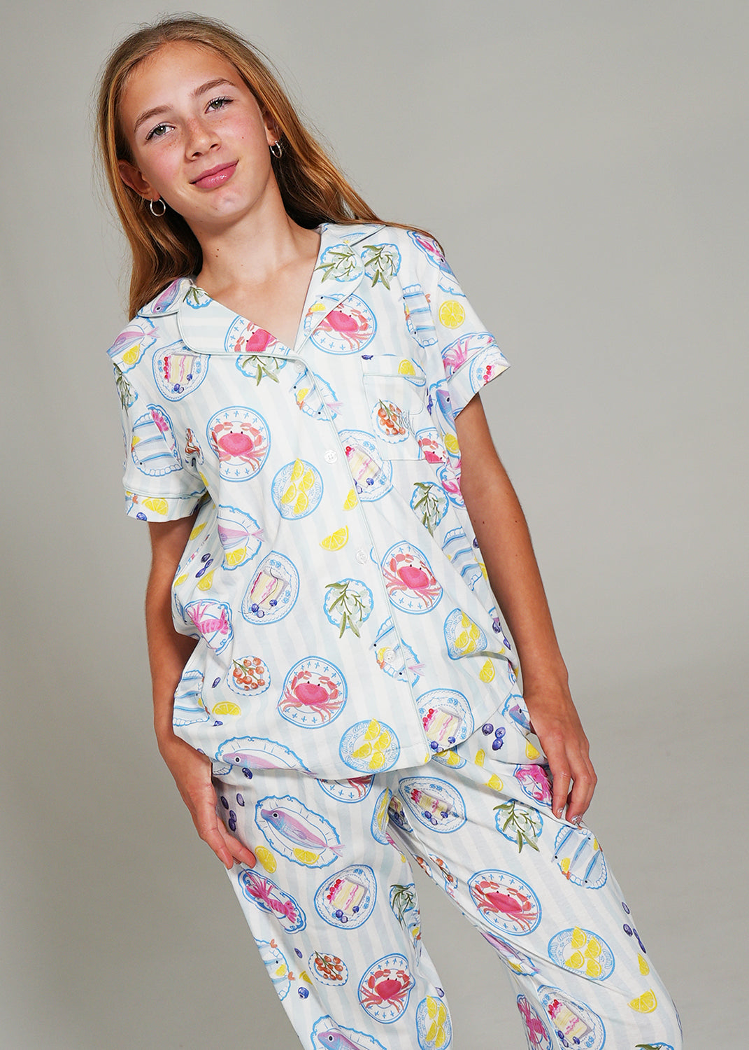 Night Sweet Thing Girls Seaside Picnic Jersey Knit Cotton Long Pyjama Set Kids