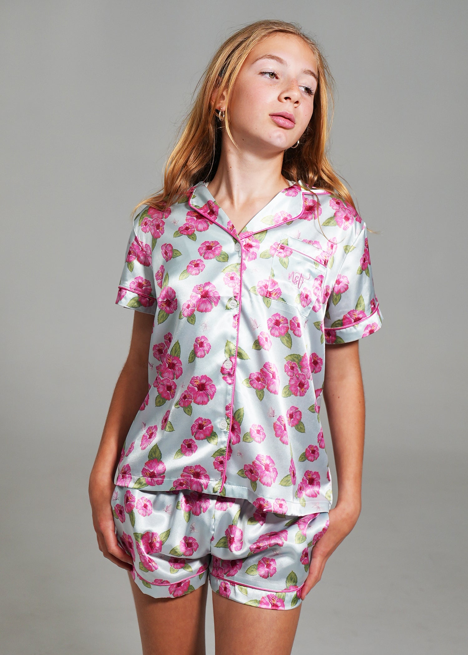 Night Sweet Thing Girls Flutter Garden Short Satin Short Pyjama Set Kids