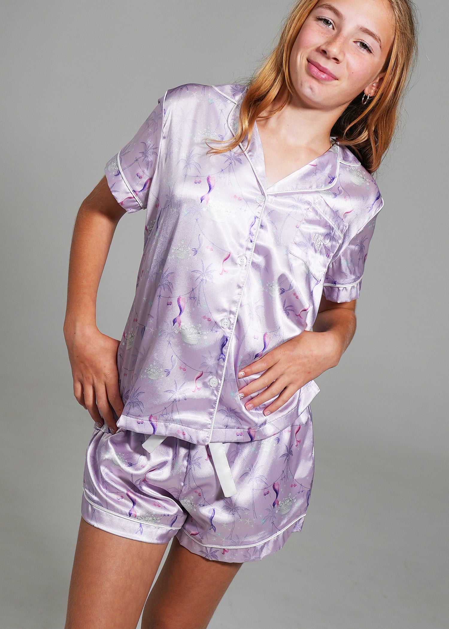 Night Sweet Thing Girls Lilac Coastal Dream Short Satin Short Pyjama Set Kids