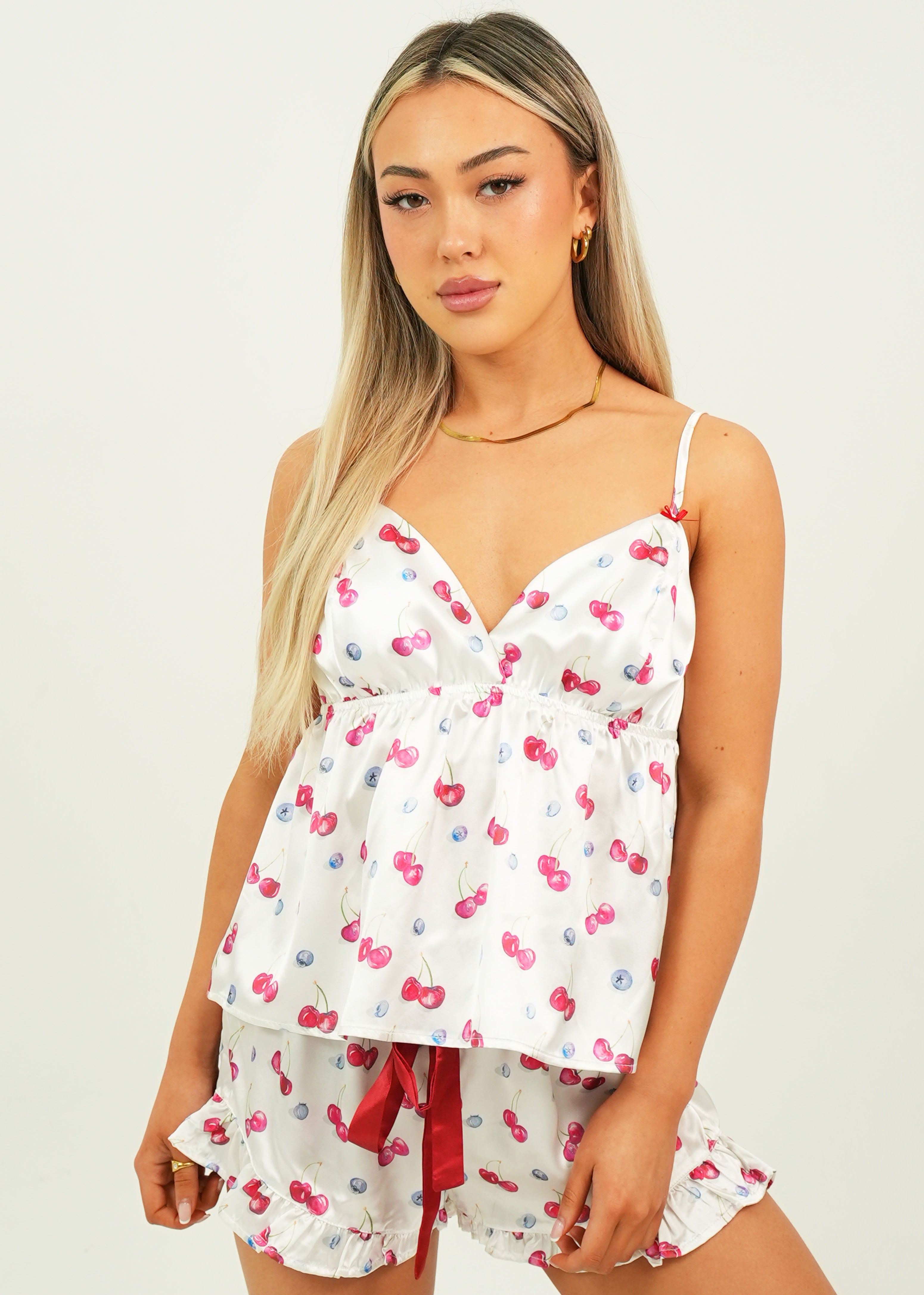 Cherries and Berries Satin Camisole Short Pyjama Set