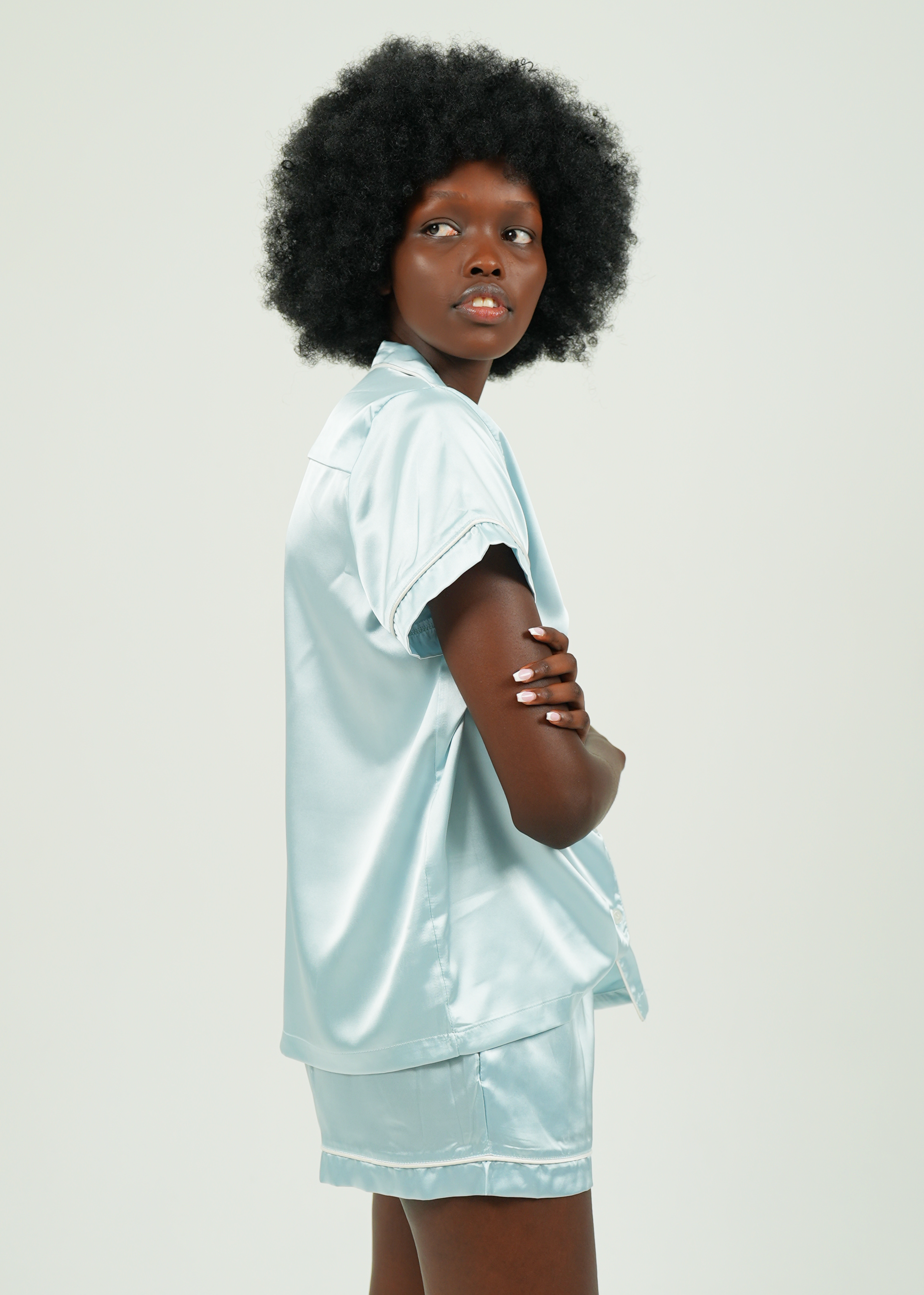 Womens Baby Blue Satin Short Pyjama Set