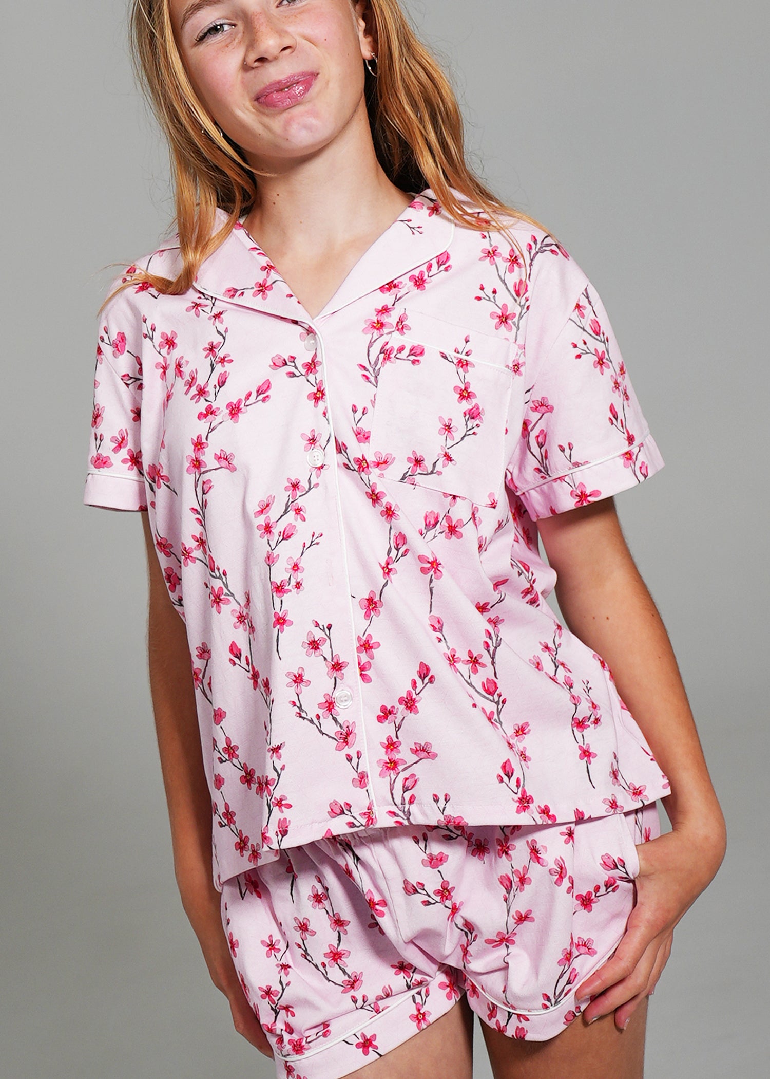 Night Sweet Thing Girls Cherry Blossom Jersey Knit Cotton Short Pyjama Set Kids