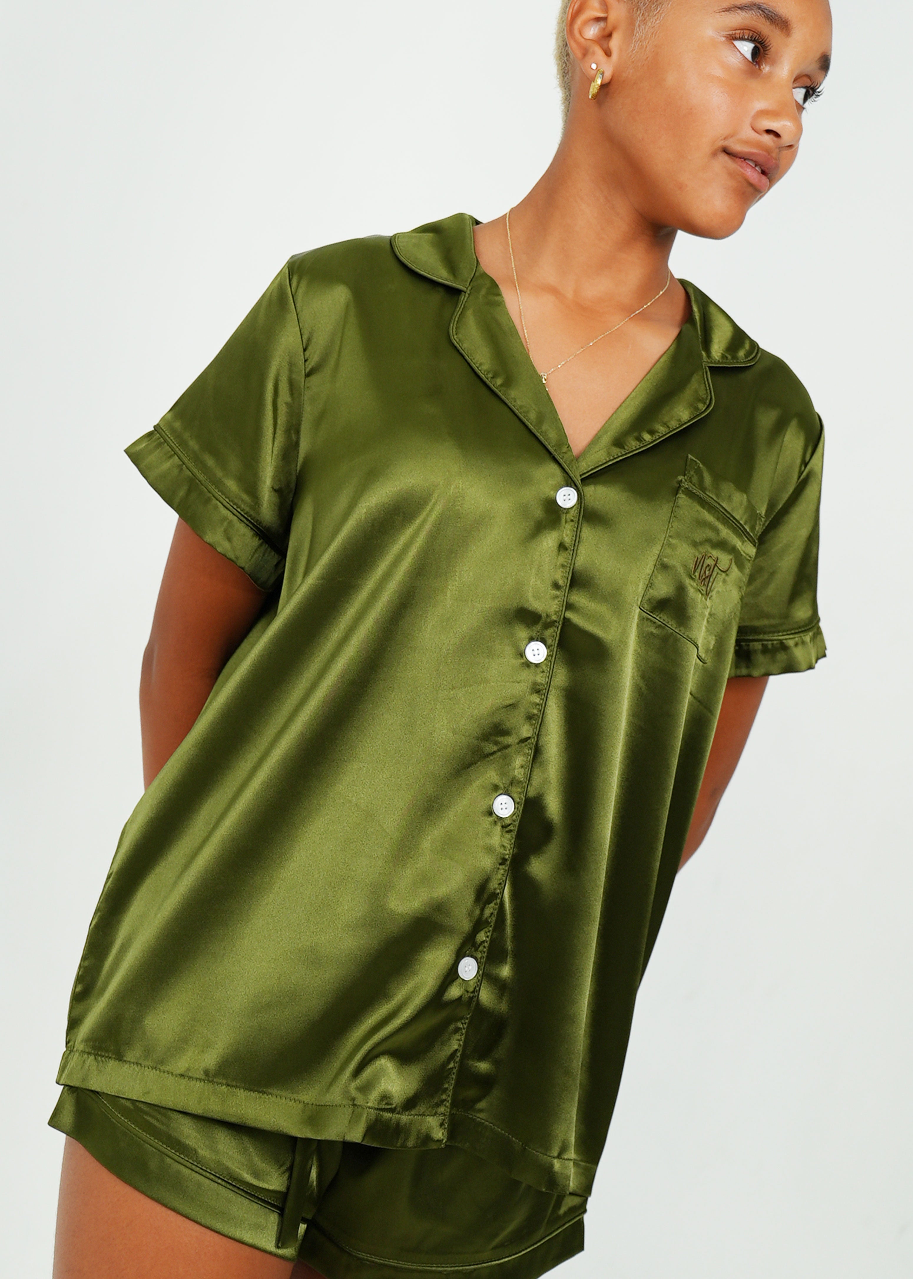 Night Sweet Thing Womens Olive Green Satin Short Pyjama Set