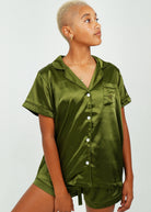 Night Sweet Thing Womens Olive Green Satin Short Pyjama Set