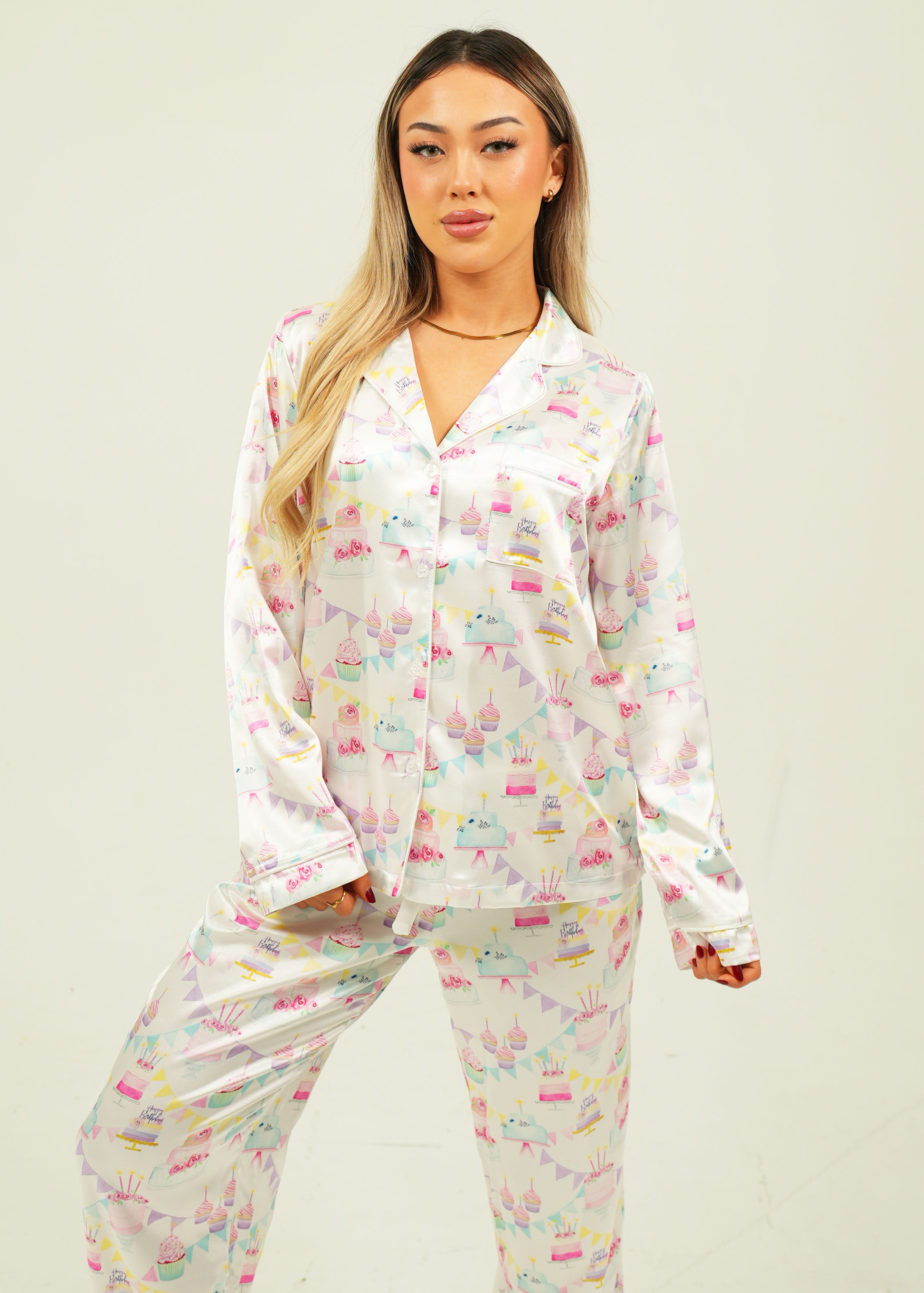 Womens Birthday Satin Long Pyjama Set