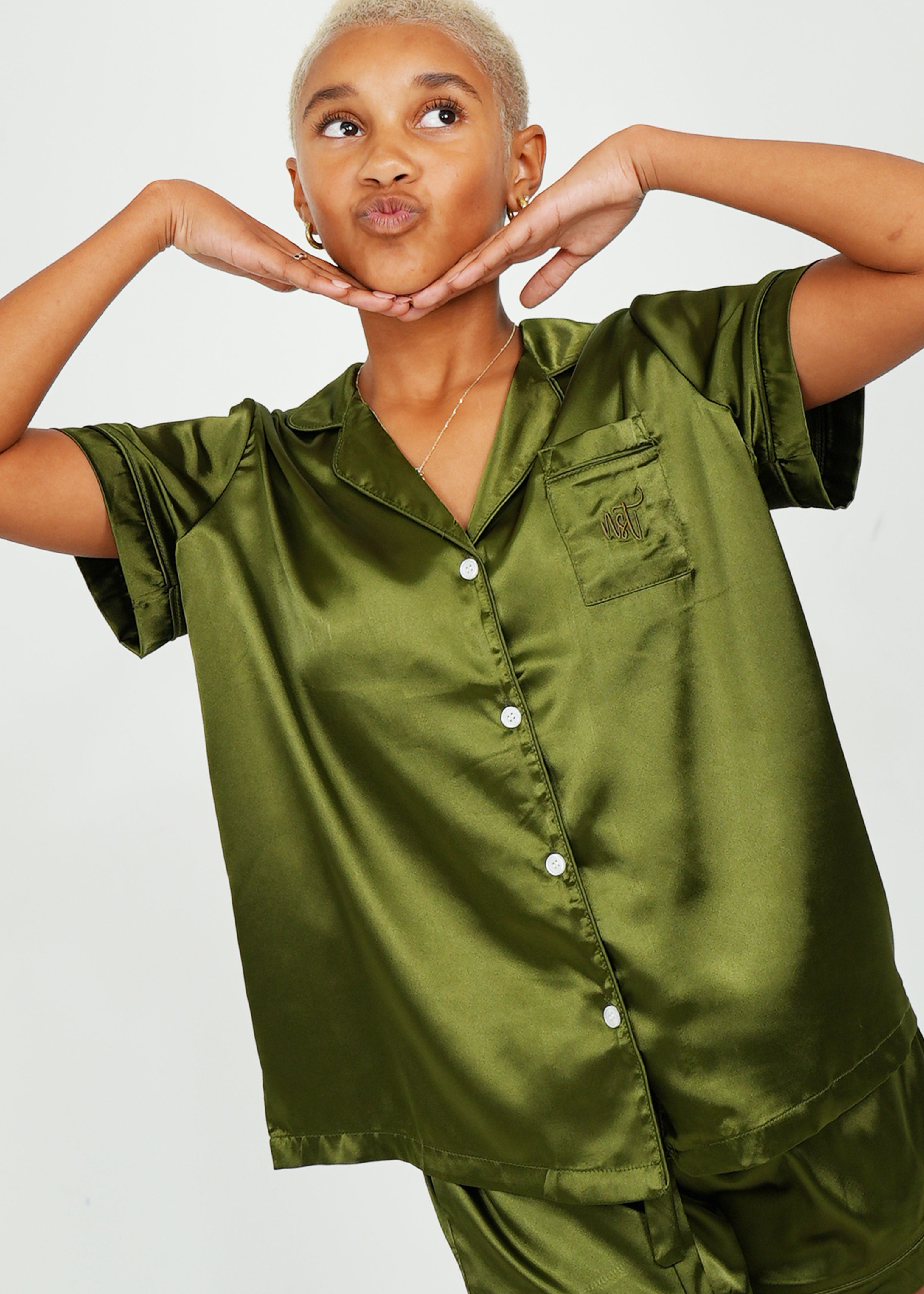 Night Sweet Thing Womens Olive Green Satin Short Pyjama Set