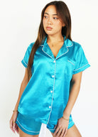 Night Sweet Thing Womens Turquoise Satin Short Pyjama Set