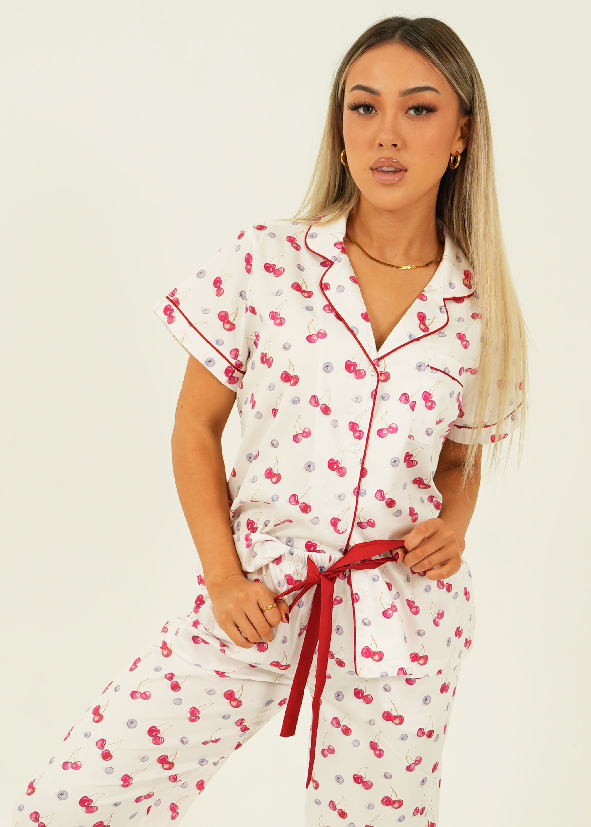 Womens Cherries and Berries Cotton Long Pyjama Set