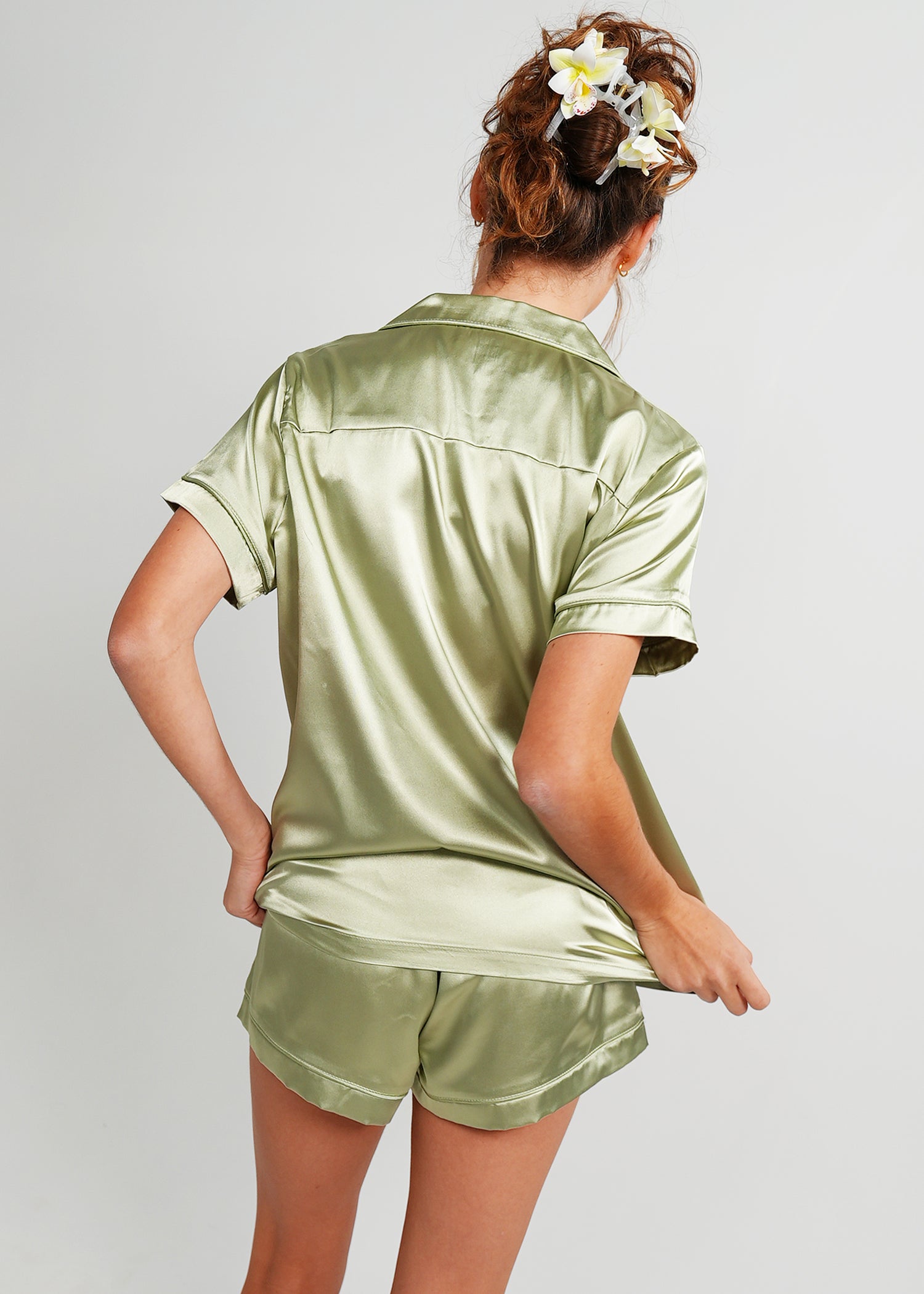 Night Sweet Thing Womens Gum Leaf Satin Short Pyjama Set