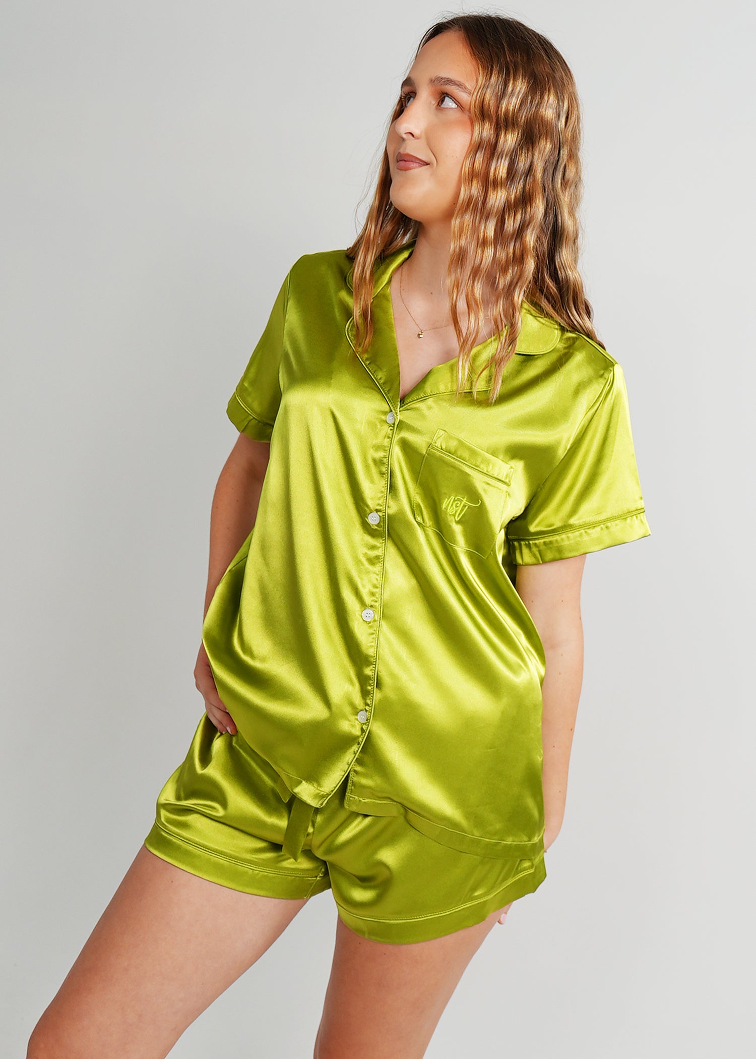Night Sweet Thing Womens Green Apple Satin Short Pyjama Set