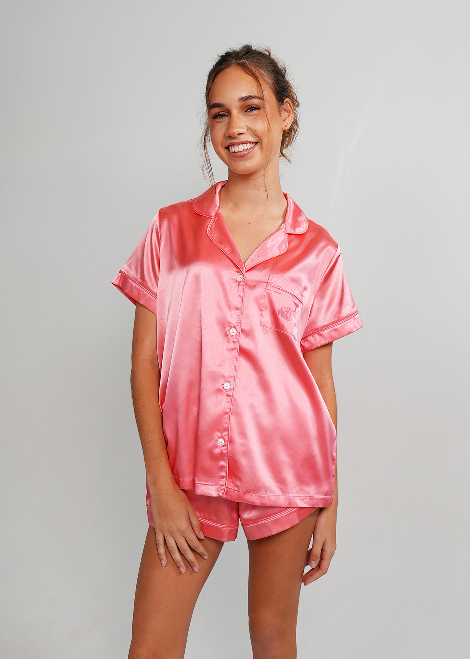 Night Sweet Thing Womens Coral Pink Satin Short Pyjama Set