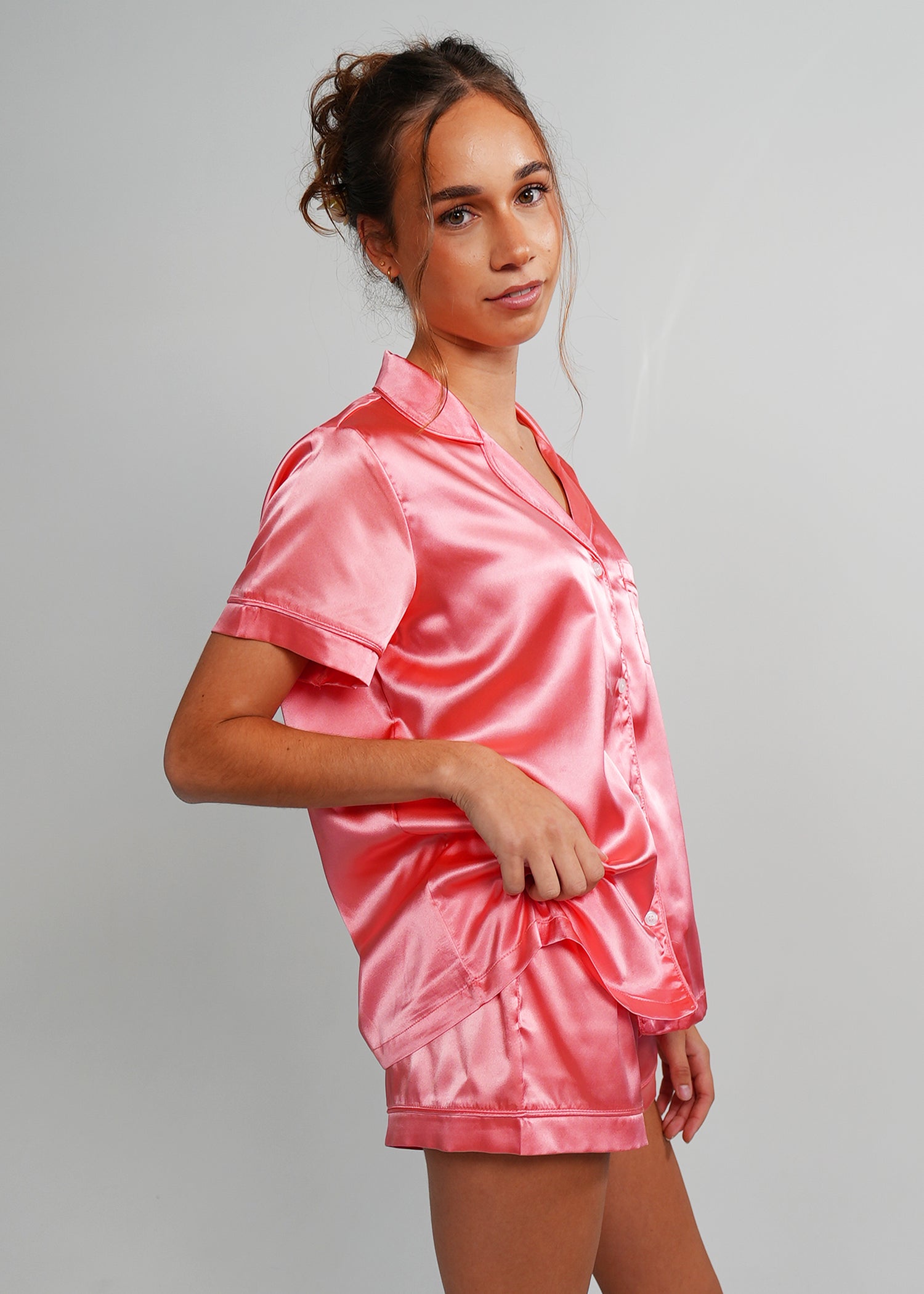 Night Sweet Thing Womens Coral Pink Satin Short Pyjama Set