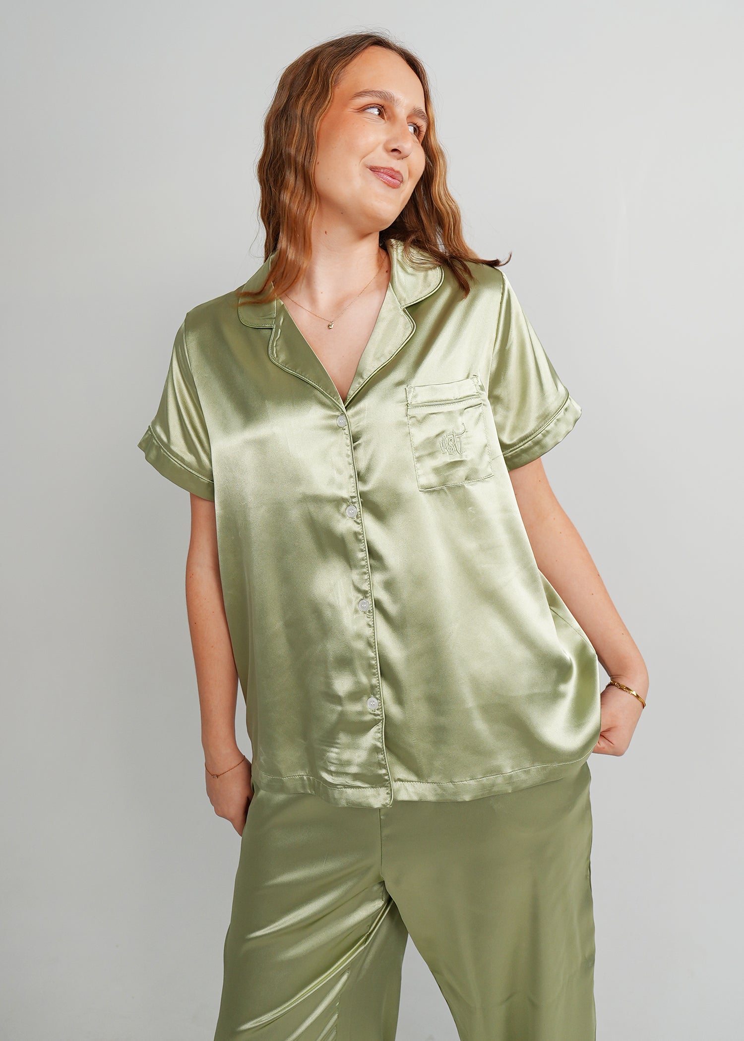 Night Sweet Thing Womens Gum Leaf Satin Long Pyjama Set