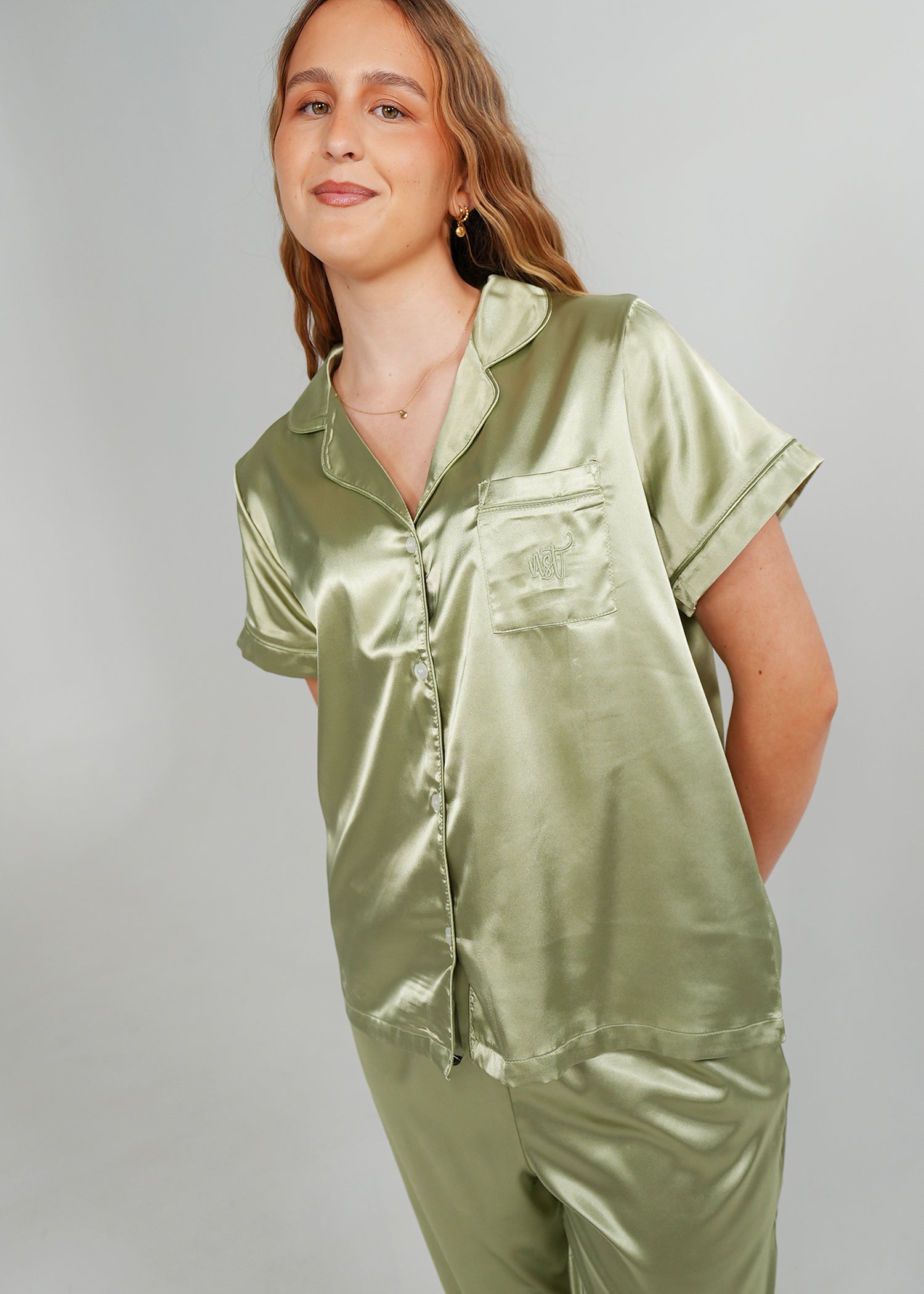 Night Sweet Thing Womens Gum Leaf Satin Long Pyjama Set