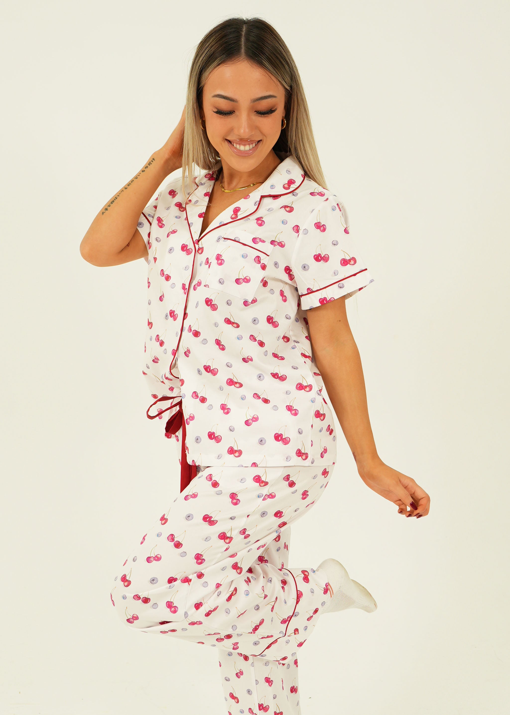 Womens Cherries and Berries Cotton Long Pyjama Set