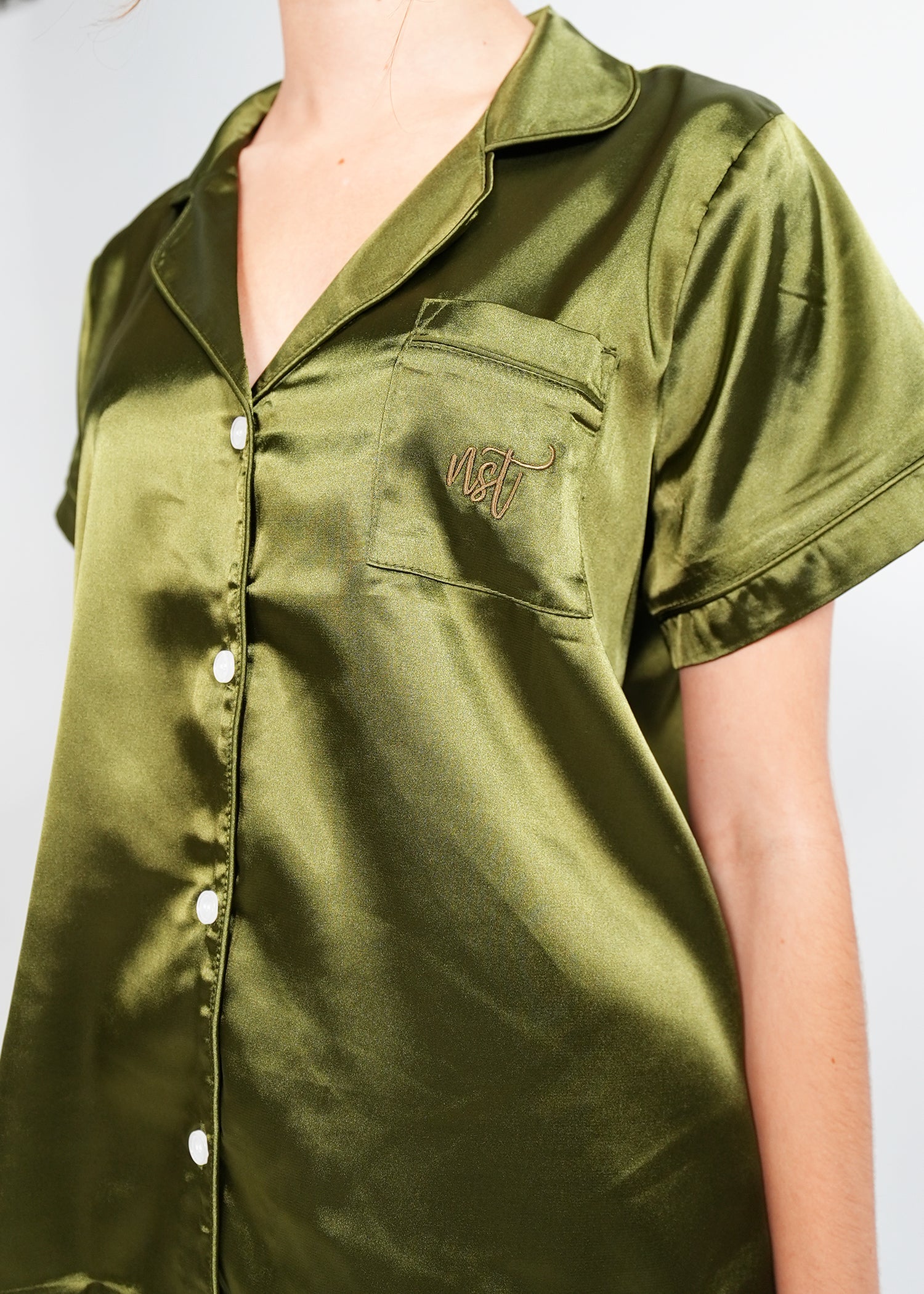 Night Sweet Thing Womens Olive Green Satin Short Pyjama Set