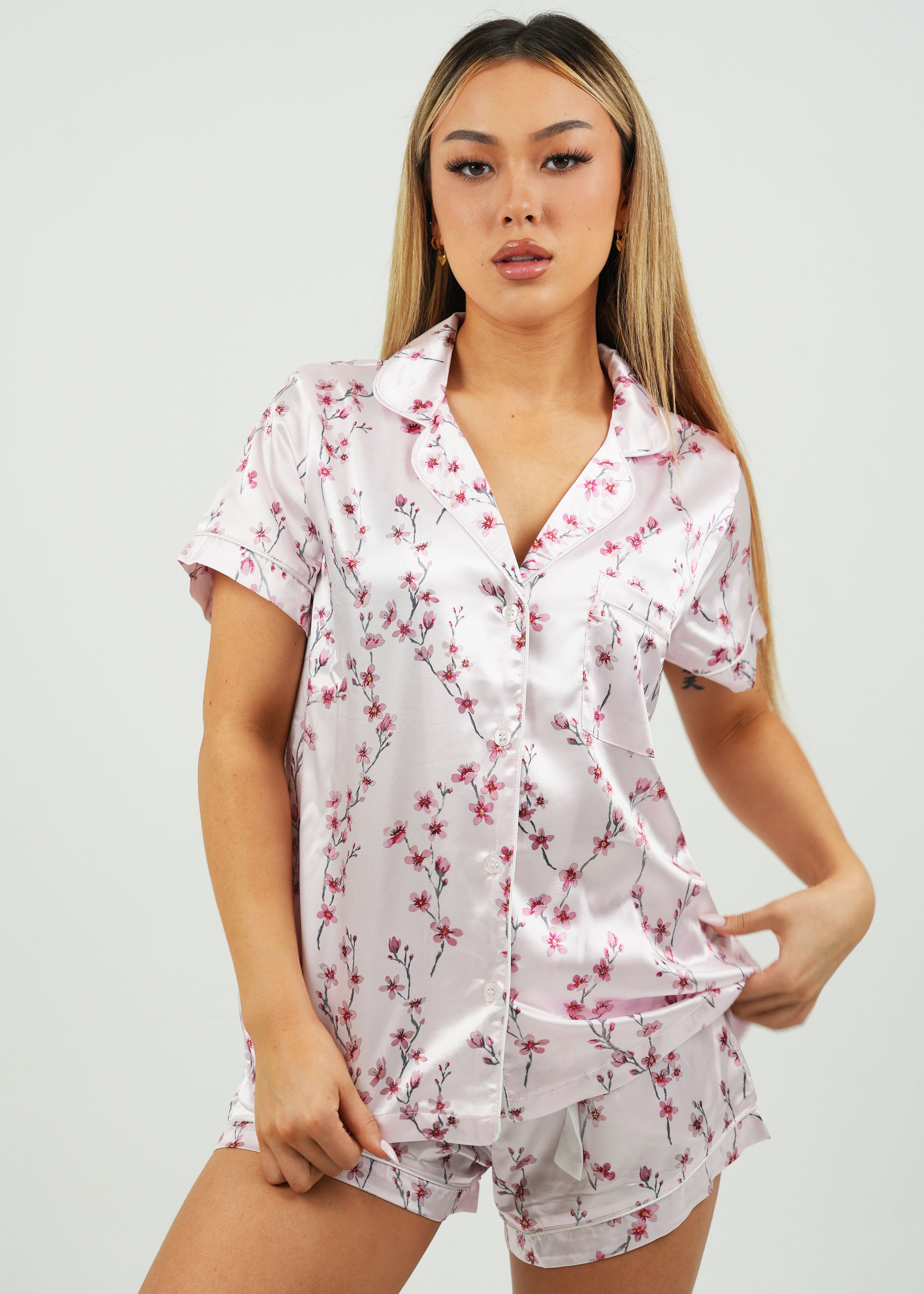 Cherry Blossom Satin Short Pyjama Set