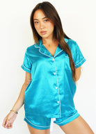 Night Sweet Thing Womens Turquoise Satin Short Pyjama Set
