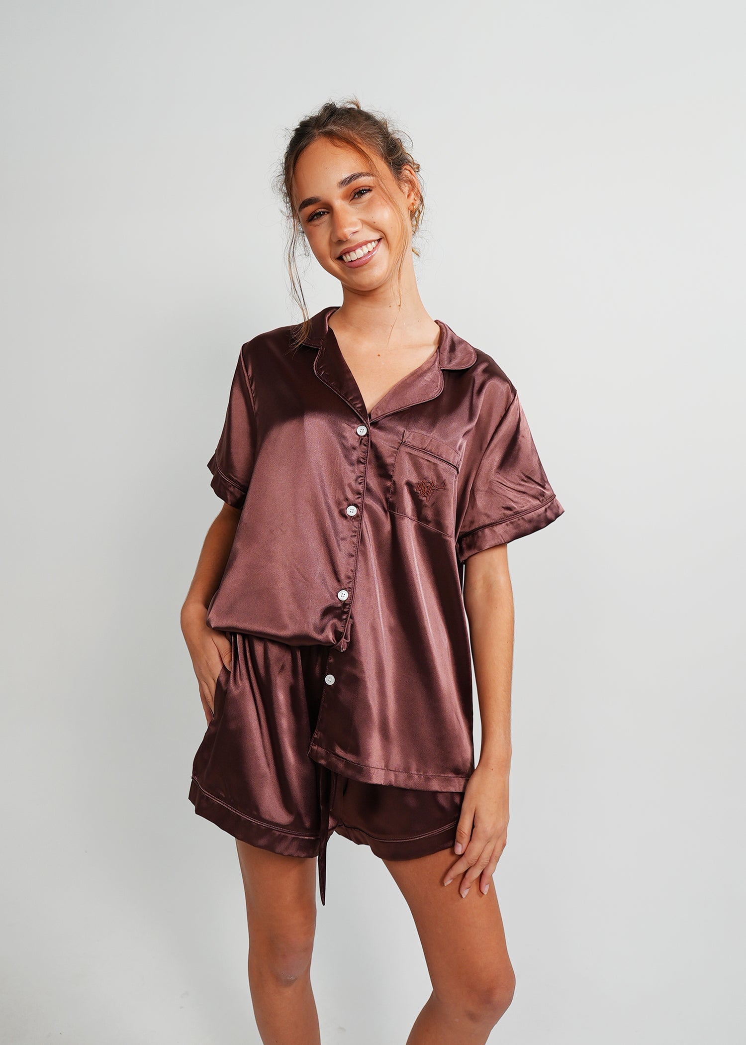 Night Sweet Thing Womens Chocolate Satin Short Pyjama Set