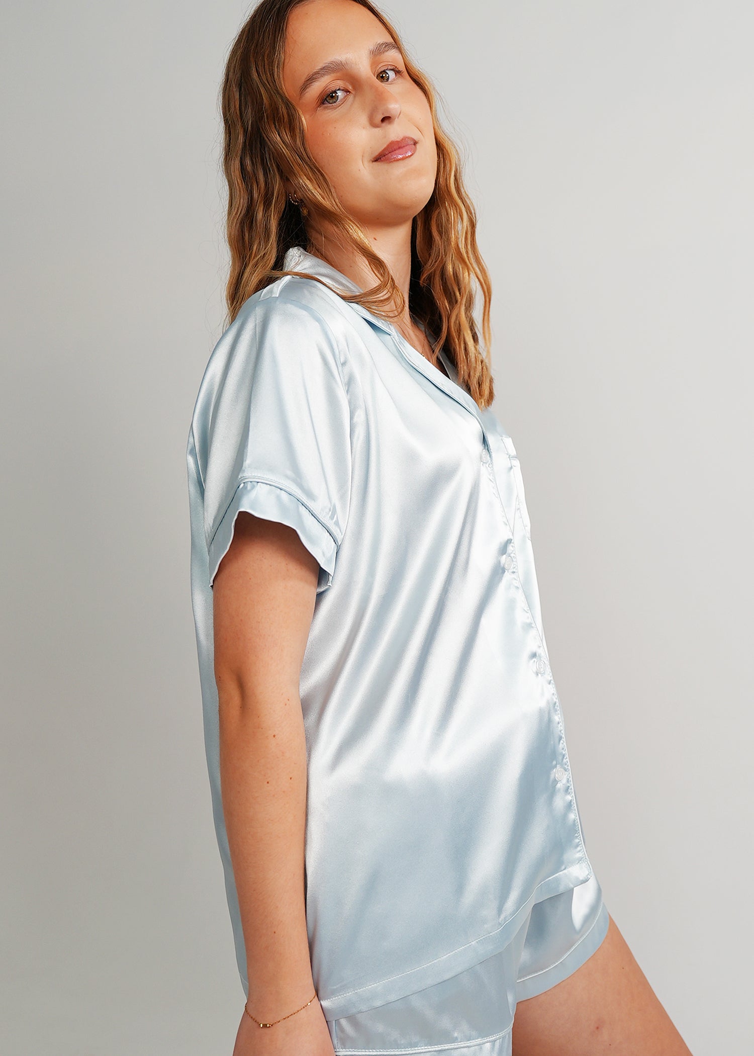 Night Sweet Thing Womens Baby Blue (With Blue Piping) Satin Short Pyjama Set