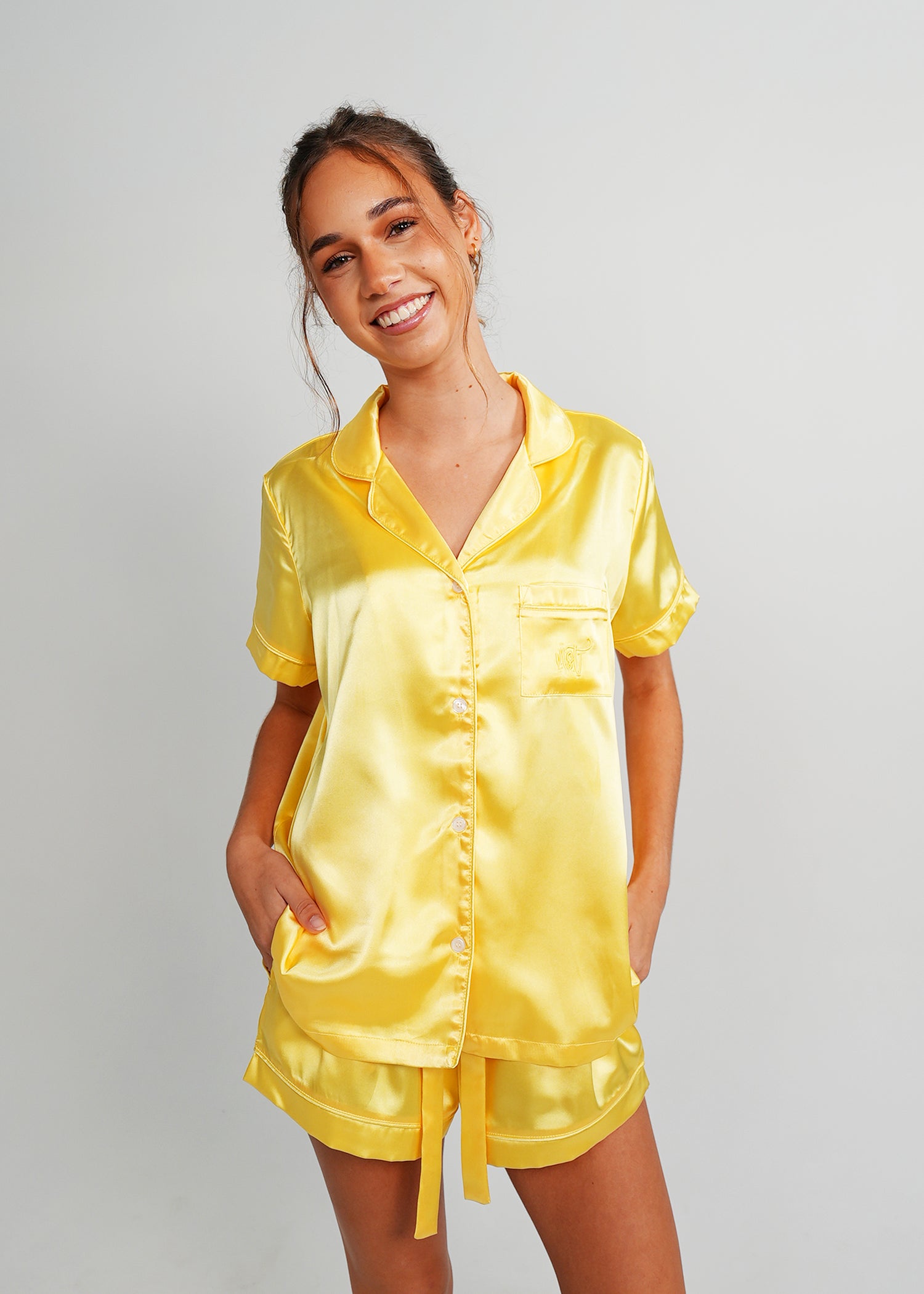 Night Sweet Thing Womens Lemon Yellow Satin Short Pyjama Set
