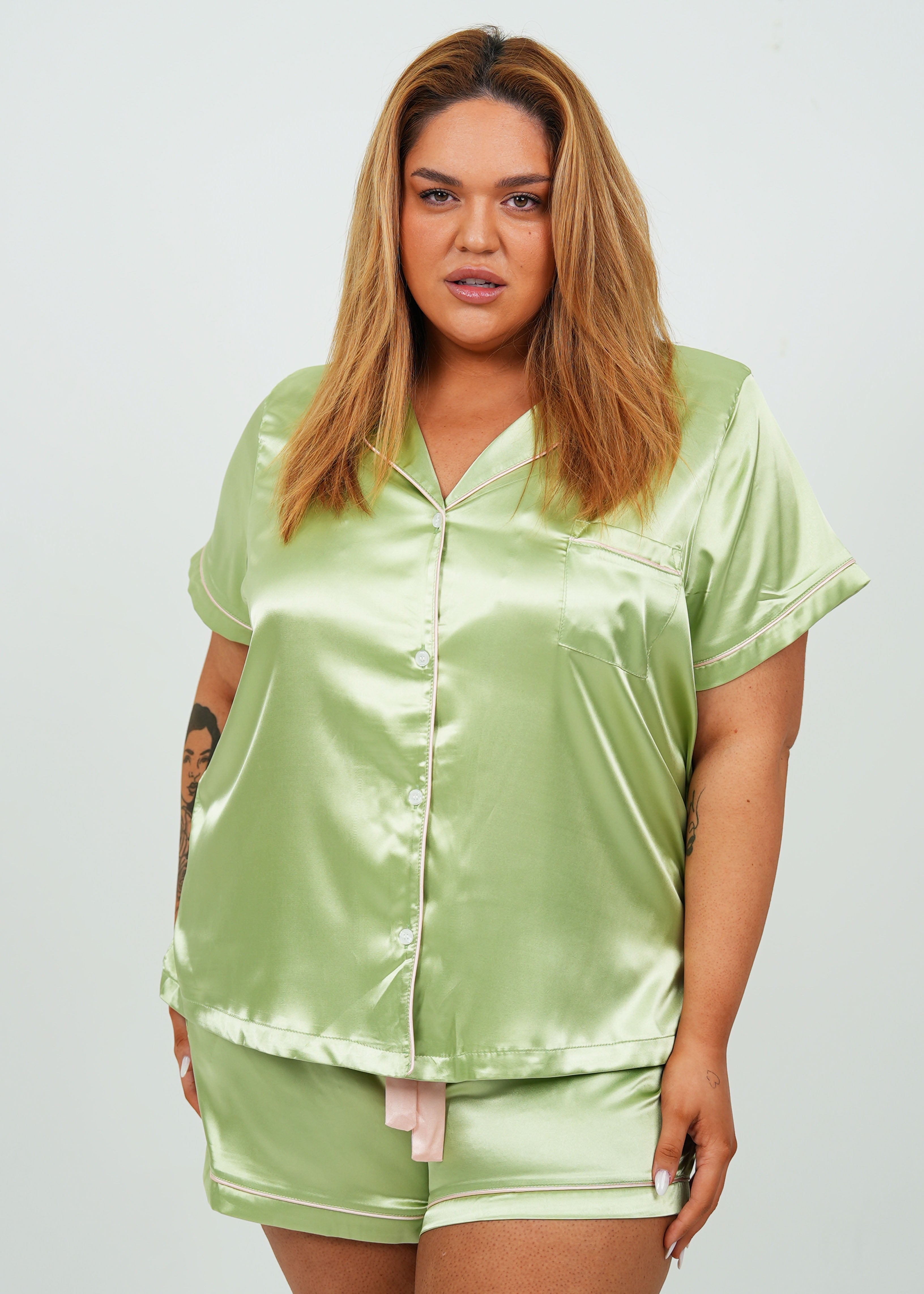 Womens Sage Green Satin Short Pyjama Set