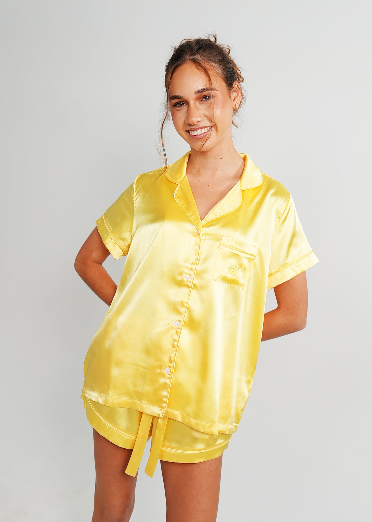 Night Sweet Thing Womens Lemon Yellow Satin Short Pyjama Set