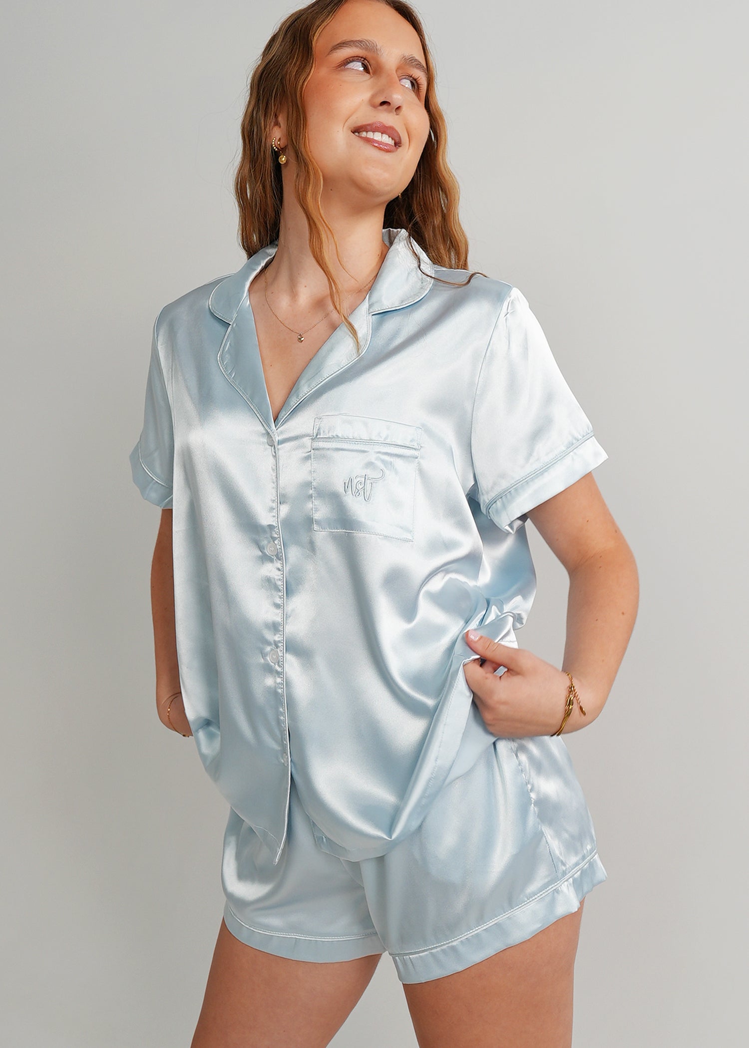 Night Sweet Thing Womens Baby Blue (With Blue Piping) Satin Short Pyjama Set