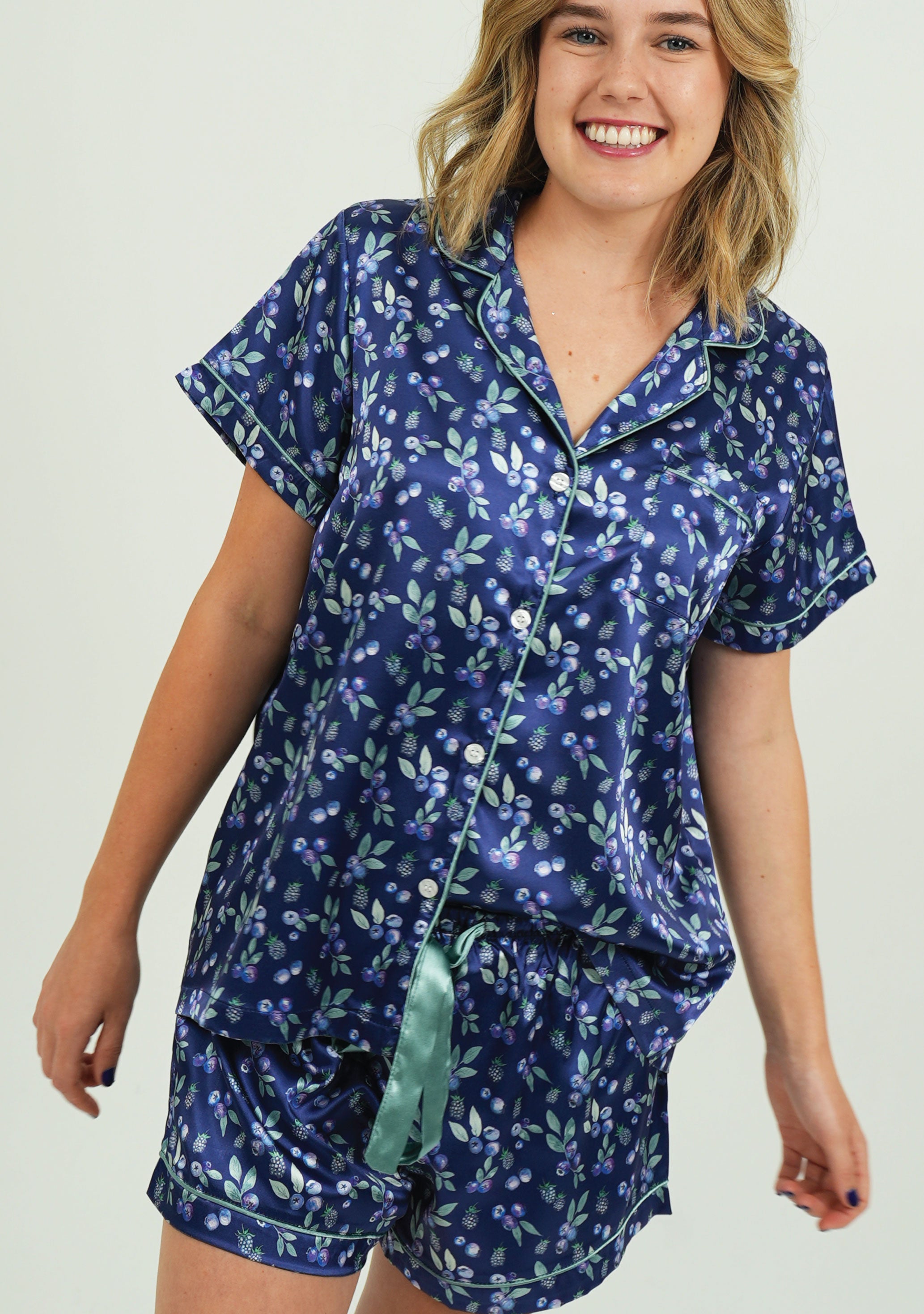 Navy Blueberries Satin Short Pyjama Set