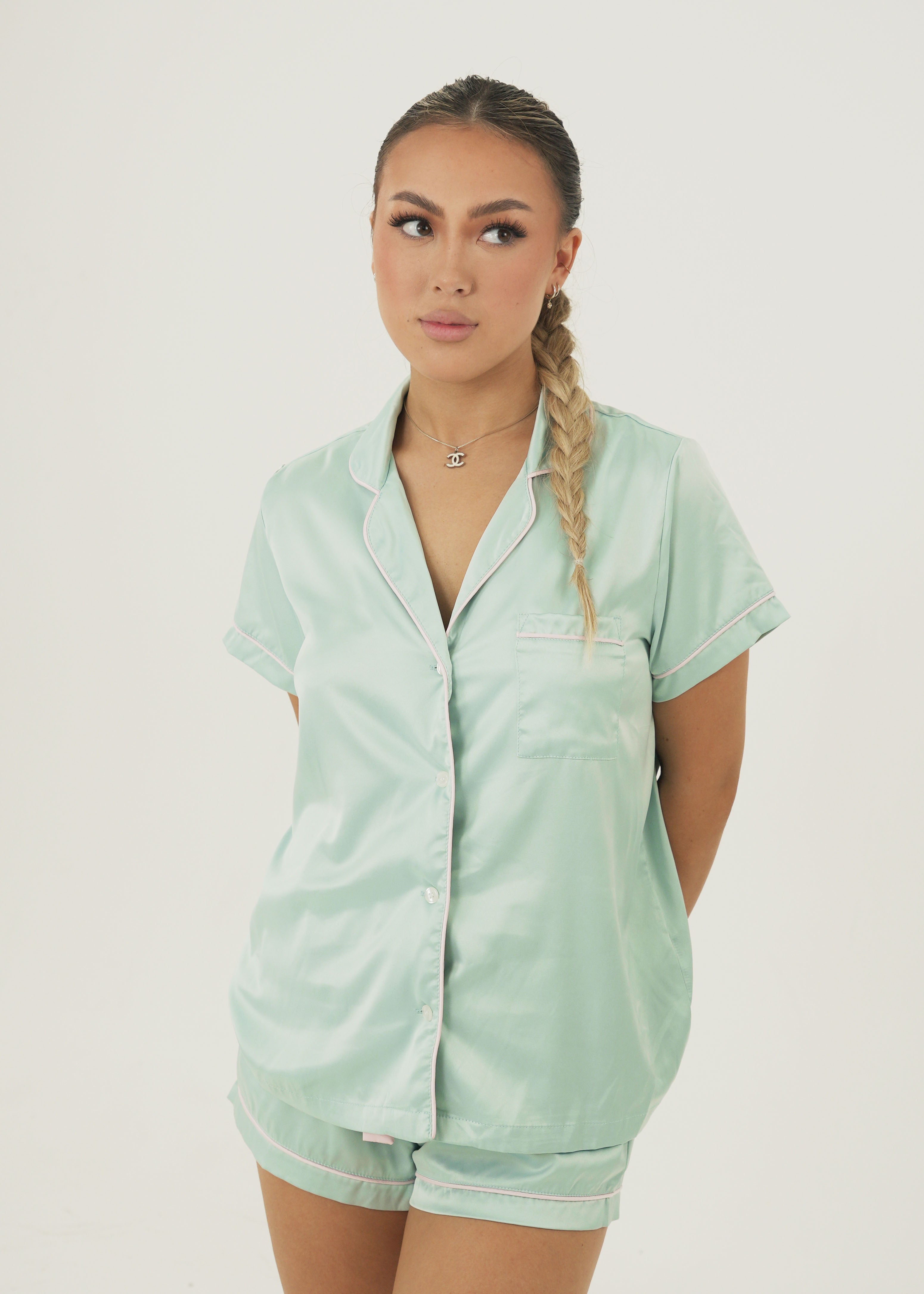 Womens Bubblegum Green Matte Satin Short Pyjama Set