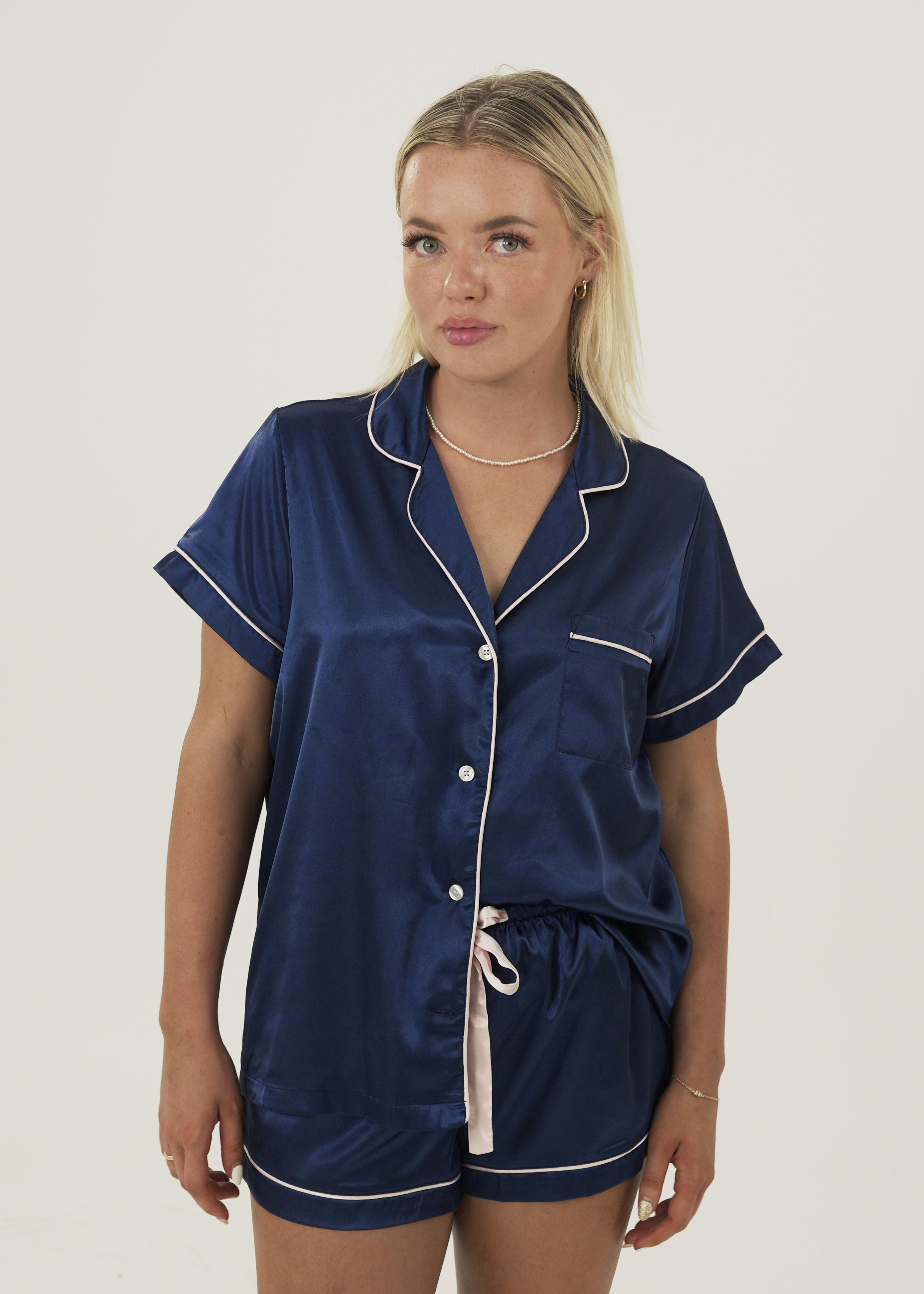 Womens Navy Blue Satin Short Pyjama Set